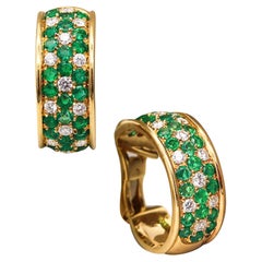Vintage Ambrosi Milano Hoop Earrings In 18kT Gold With 6.06 Ctw In Emeralds And Diamonds