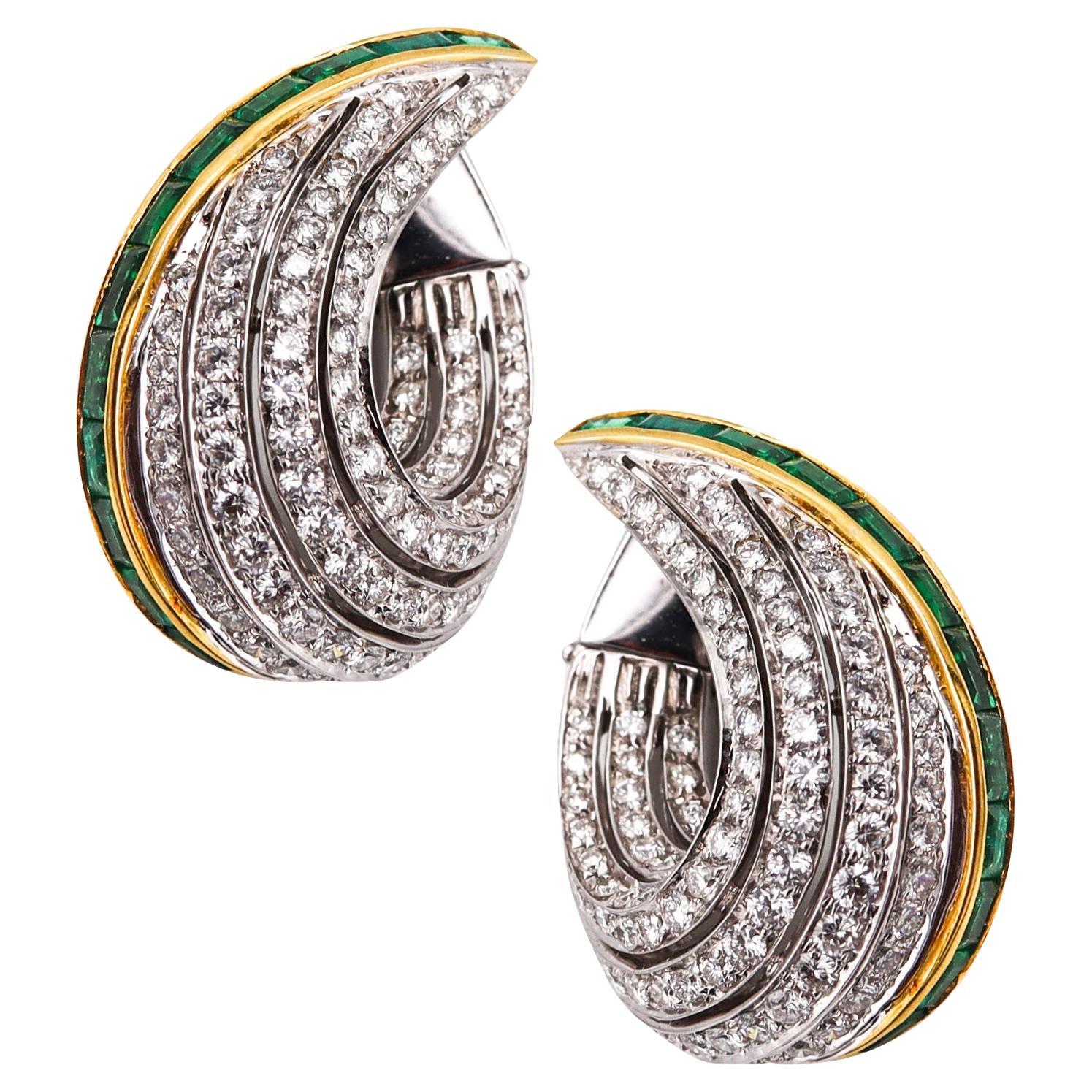 Ambrosi Milano Hoop Earrings in 18kt Gold with 9.08 Ctw in Emeralds and Diamonds For Sale