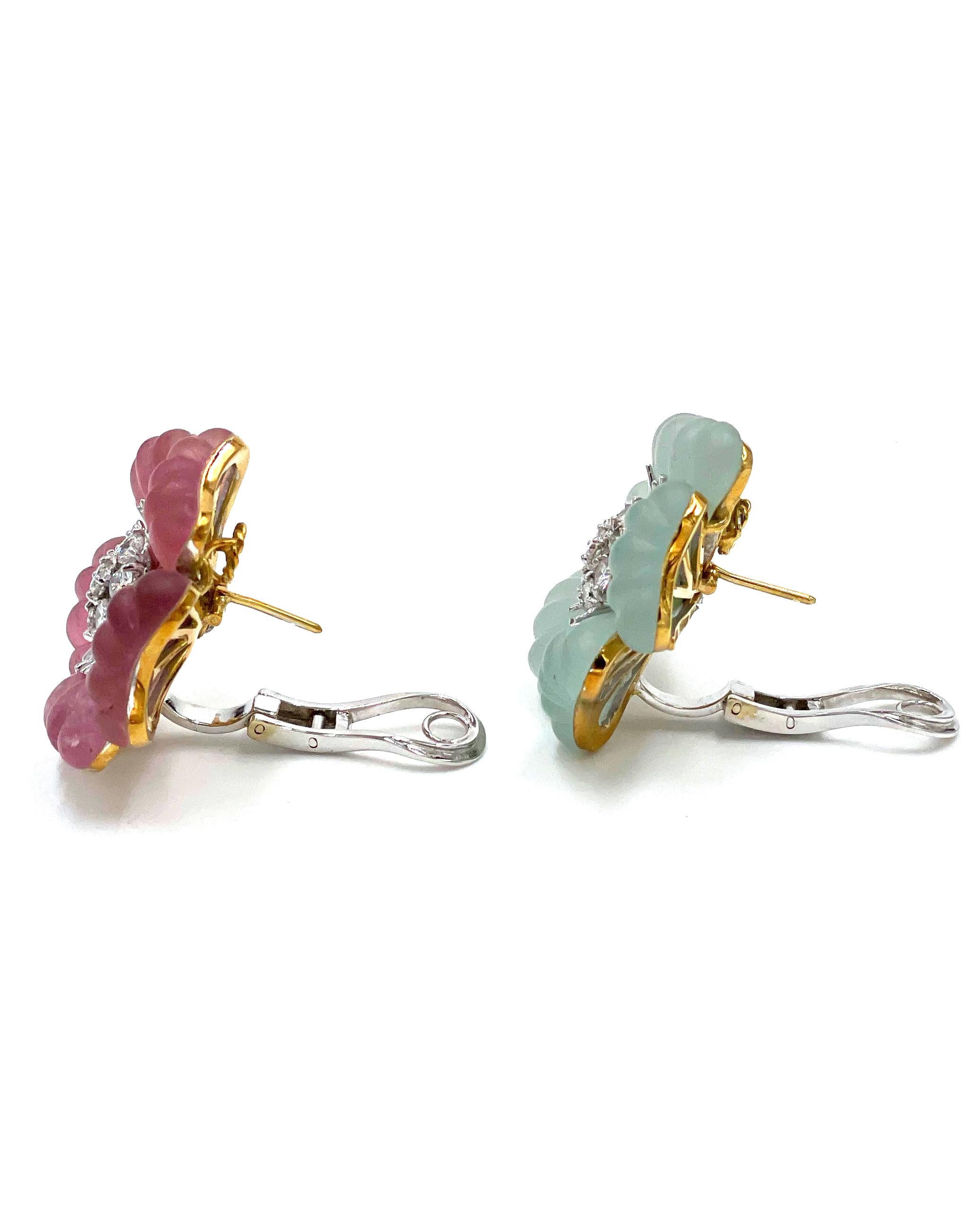 Pre owned vintage estate Ambrosi 18K white and yellow gold one of a kind aquamarine, pink tourmaline and diamond floral earrings.  One earring is pink tourmaline and the other is aquamarine.  Each earrings is a flower carved from aquamarine and