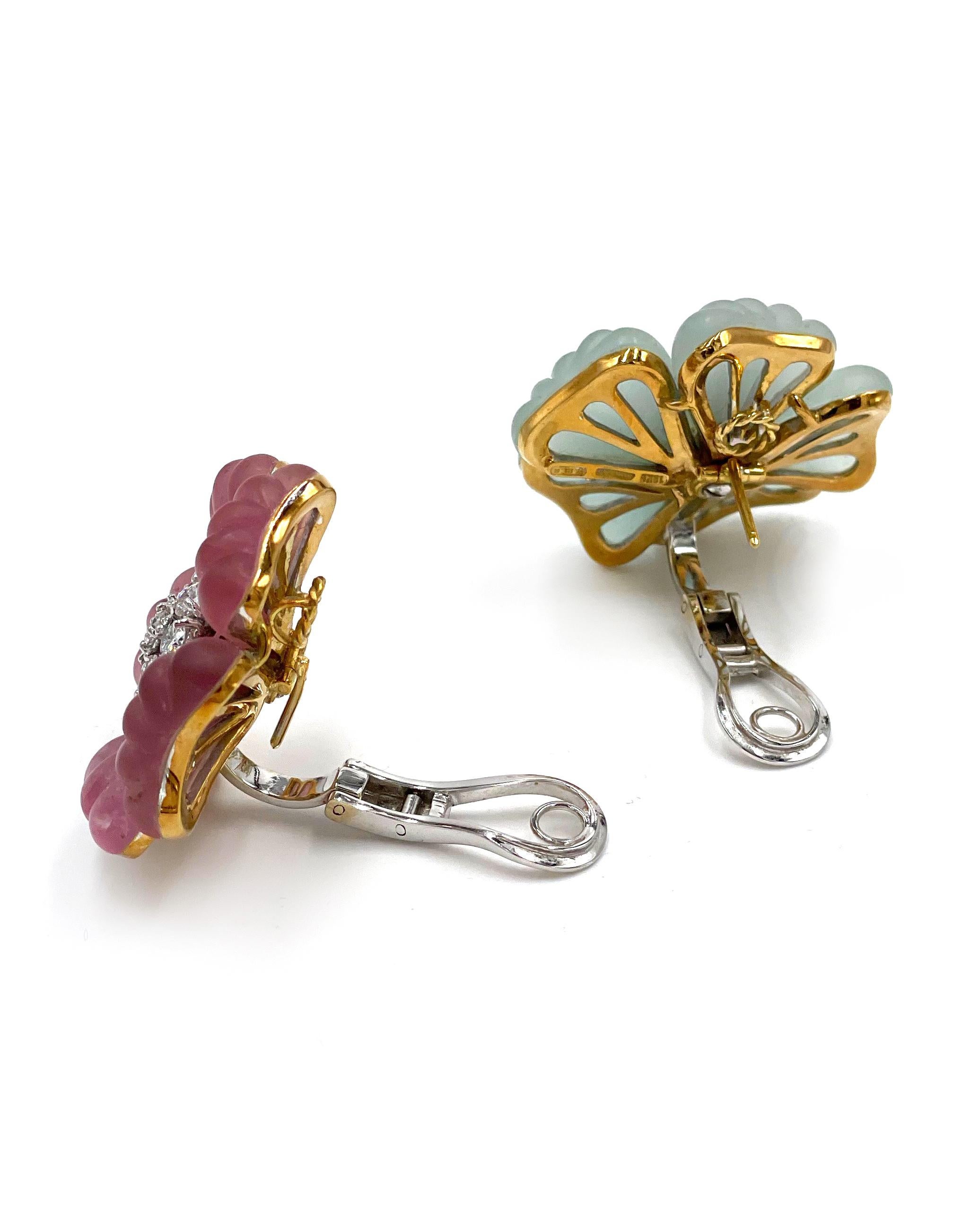Ambrosi Blumenohrringe aus 18 Karat Gold mit rosa Turmalin, Aquamarin und Diamant (Zeitgenössisch) im Angebot
