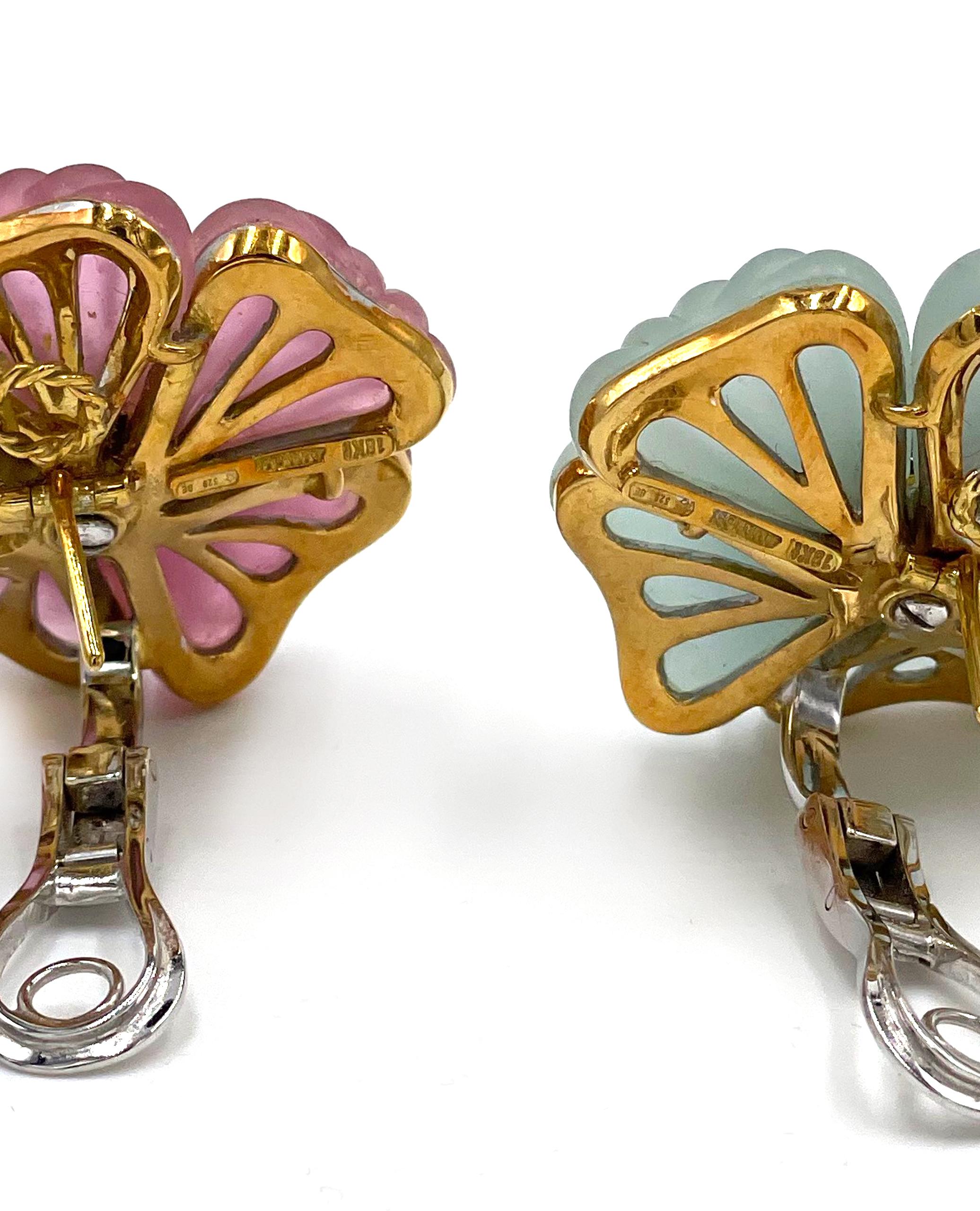 Taille mixte Ambrosi Boucles d'oreilles fleur en or 18 carats avec tourmaline rose, aigue-marine et diamants en vente