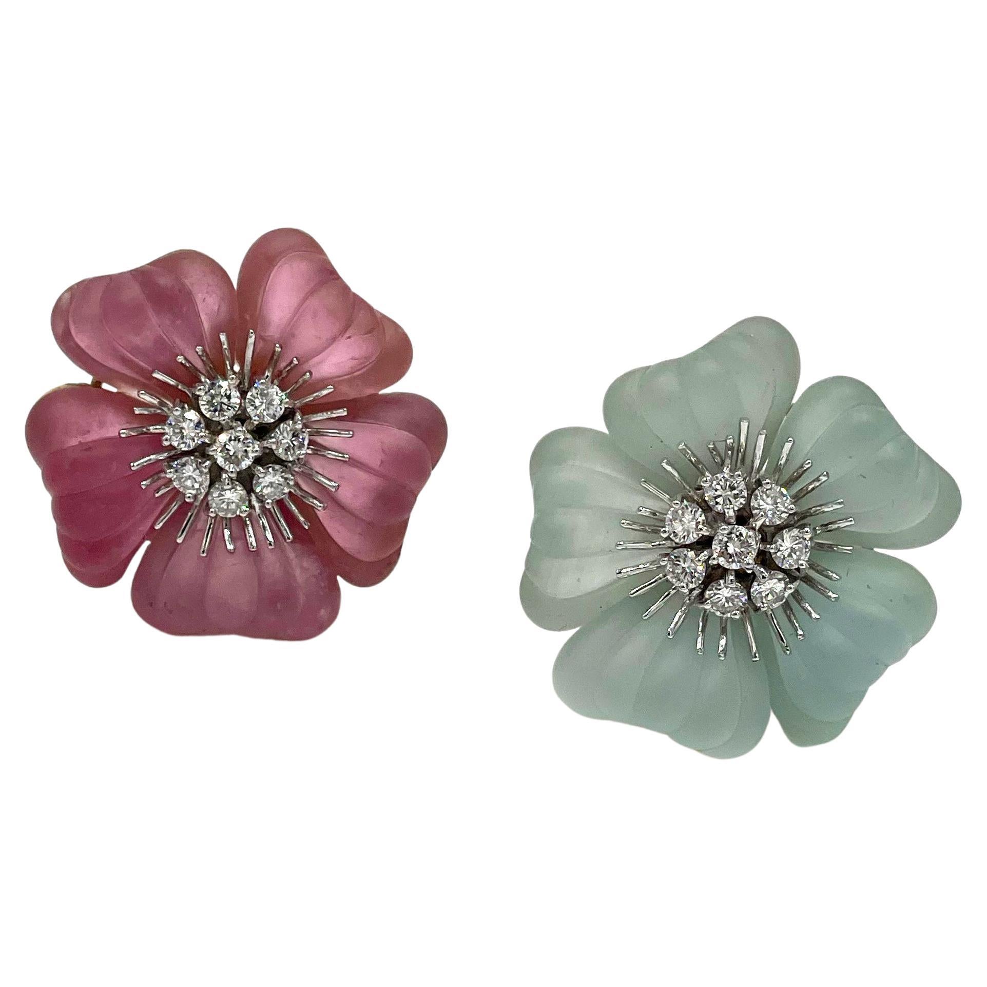 Ambrosi Pendientes Flor de Turmalina Rosa, Aguamarina y Diamante de Oro de 18 K