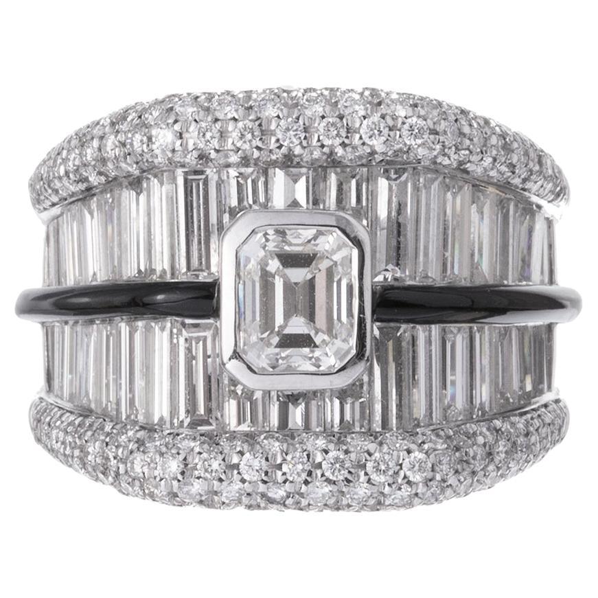 Ambrosi Platinum Diamond Enamel Wide Ring For Sale