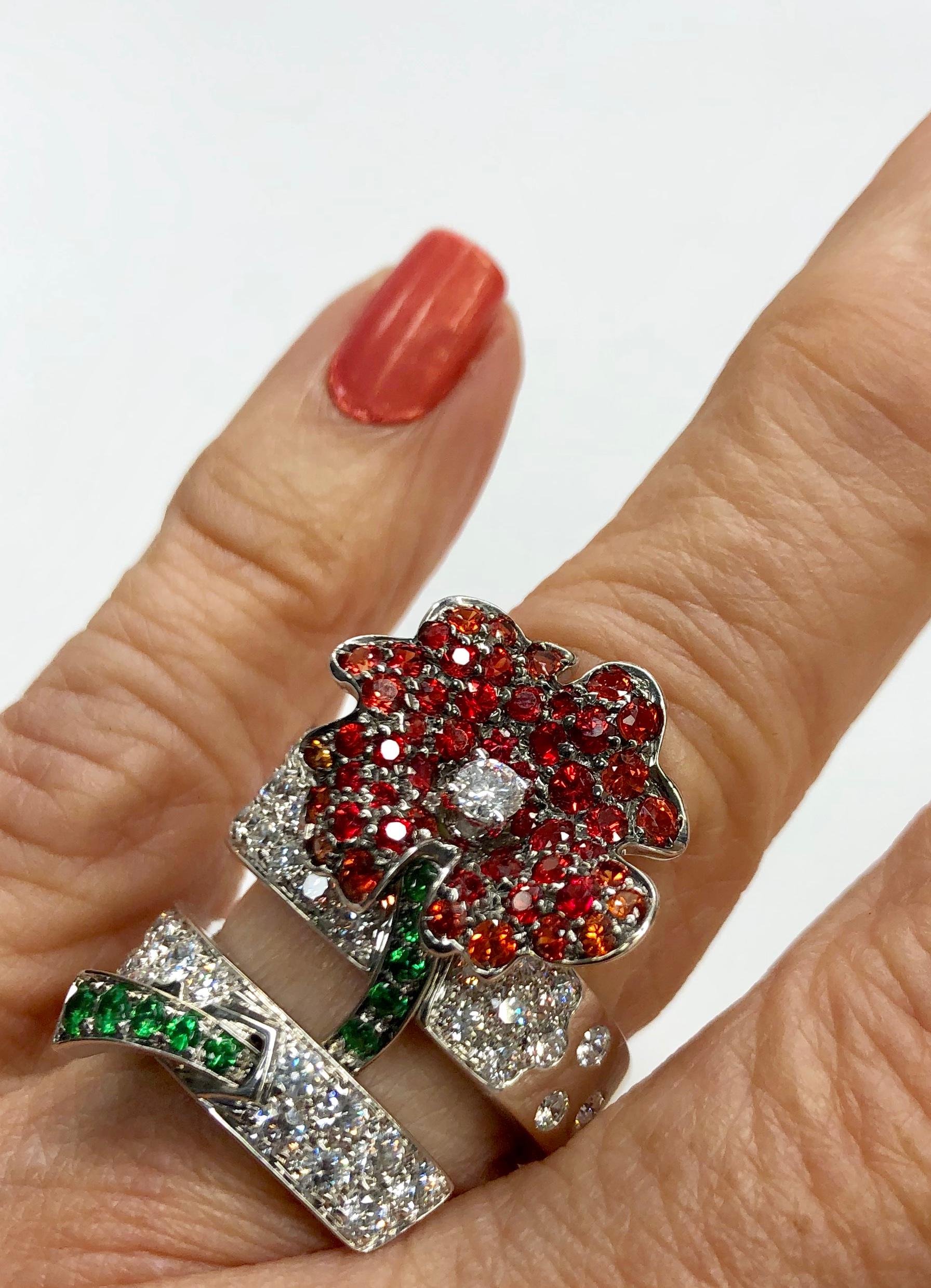 Round Cut Ambrosi 'Pretty Flower' Gemstone and Diamond Ring in 18K White Gold
