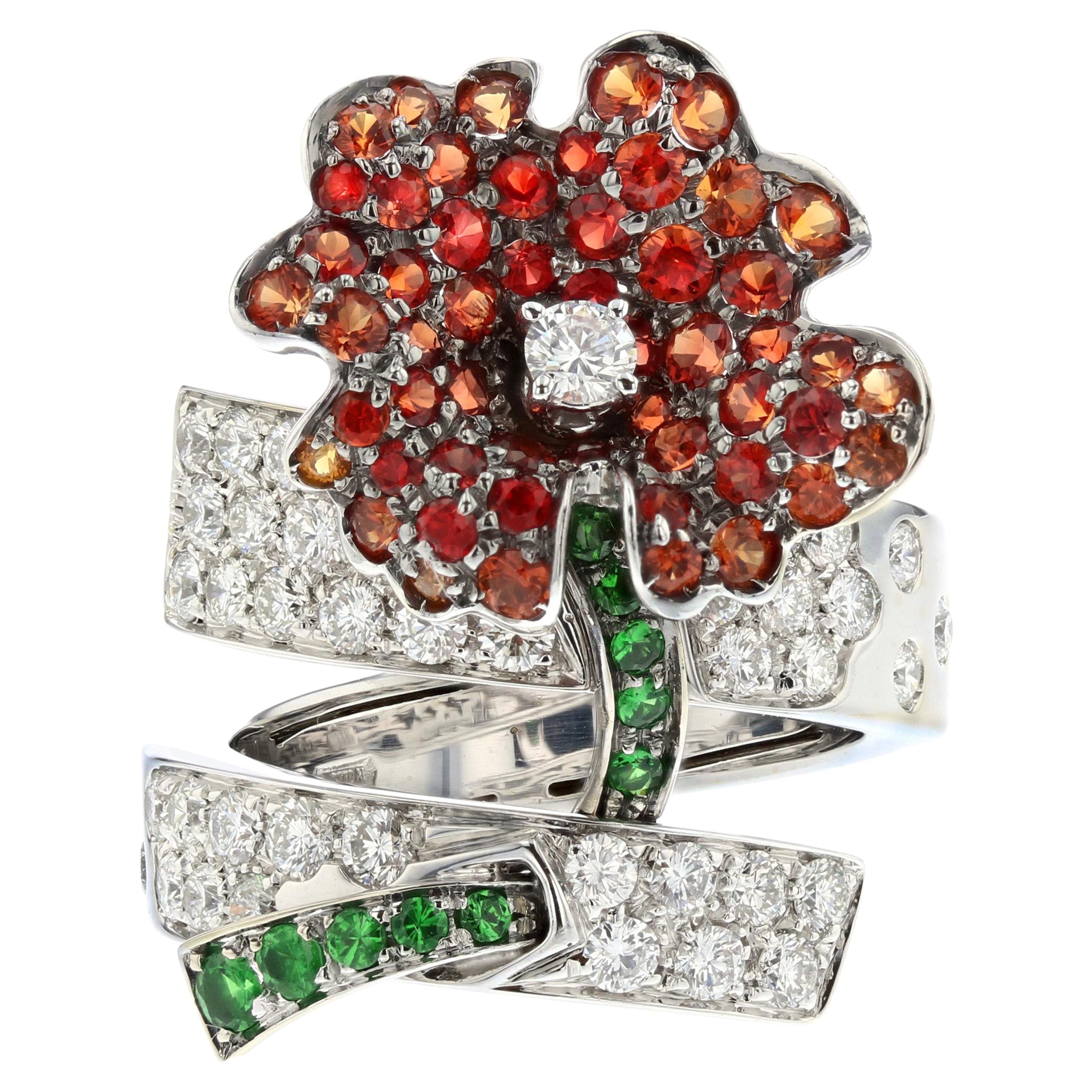 Ambrosi 'Pretty Flower' Gemstone and Diamond Ring in 18K White Gold
