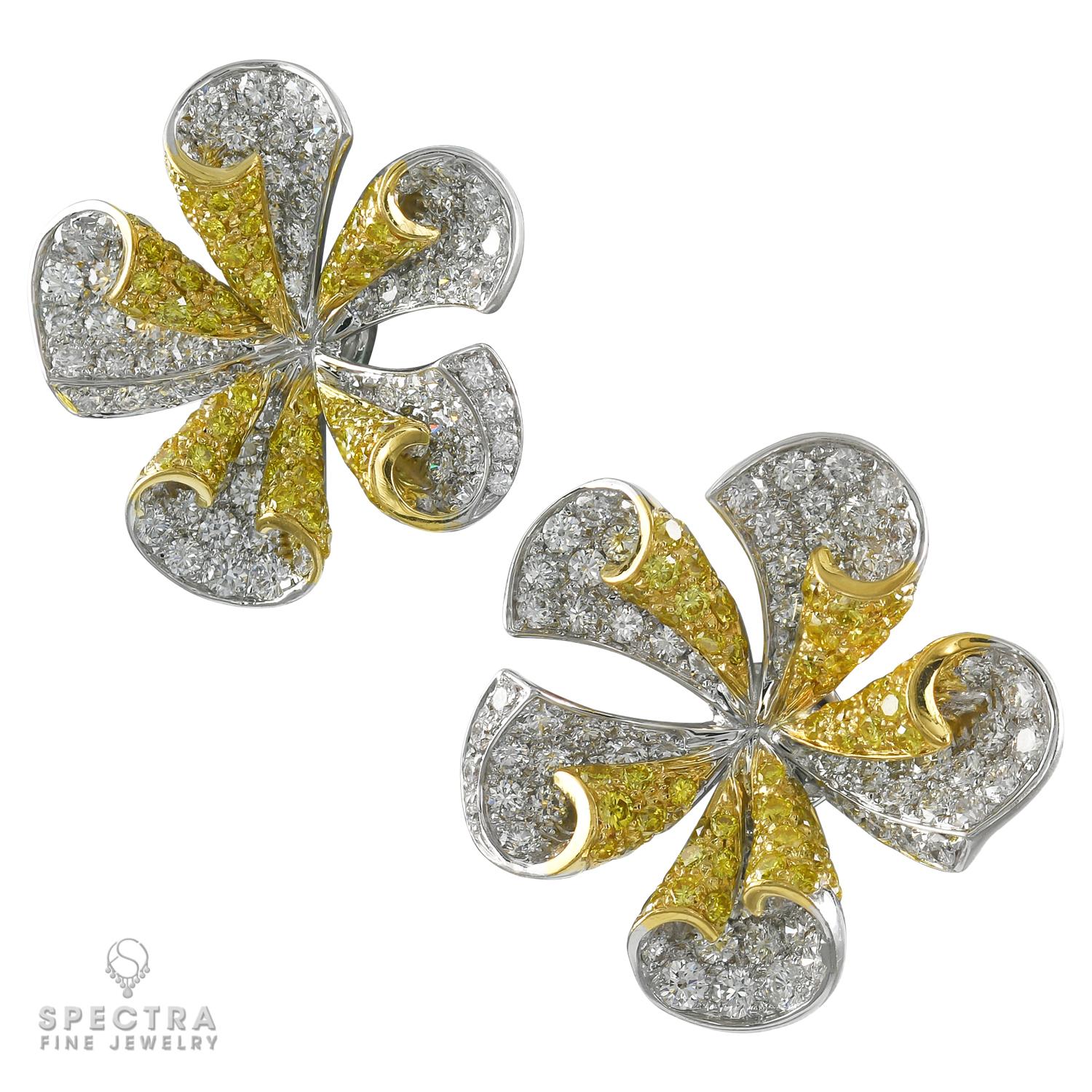 Mixed Cut Ambrosi White & Yellow Diamond Flower Earrings For Sale