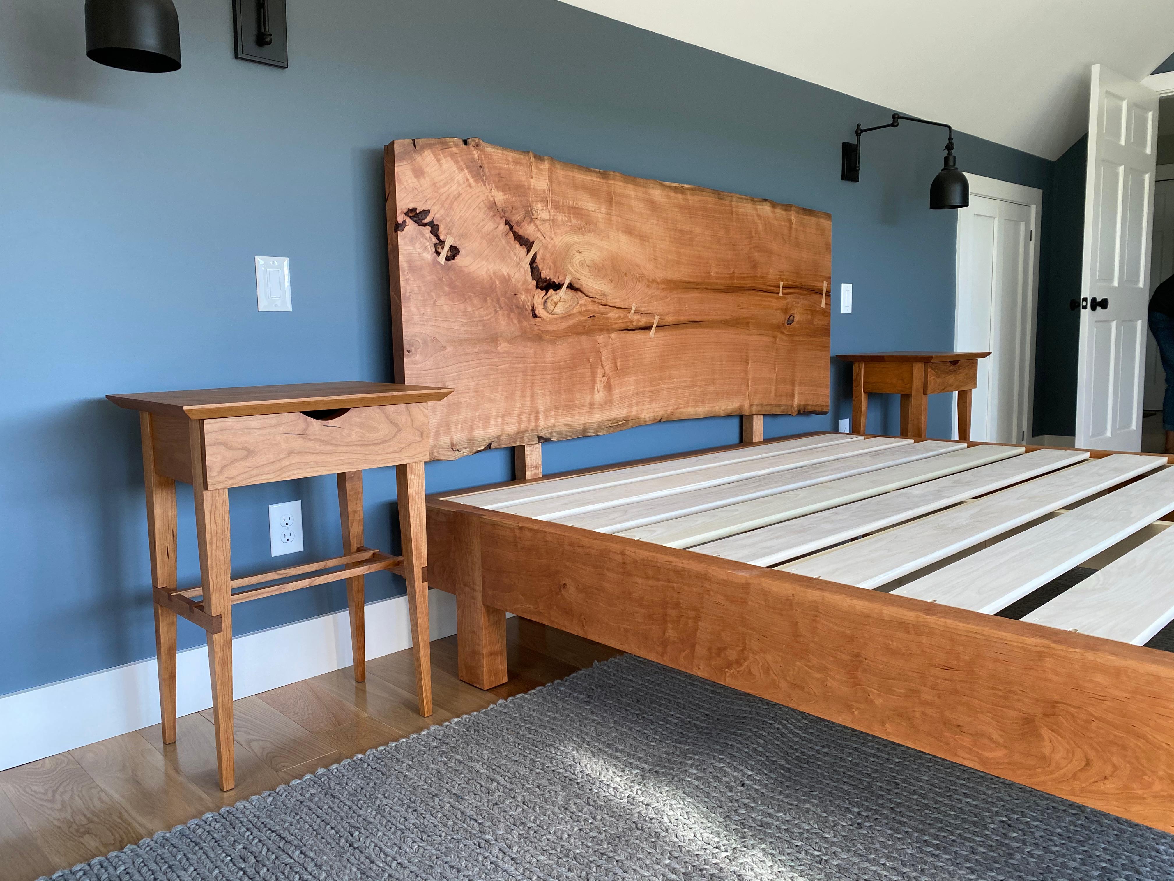 Hand-Crafted King Sized Platform Maple Perri Bed with Live-Edge Slab Headboard For Sale