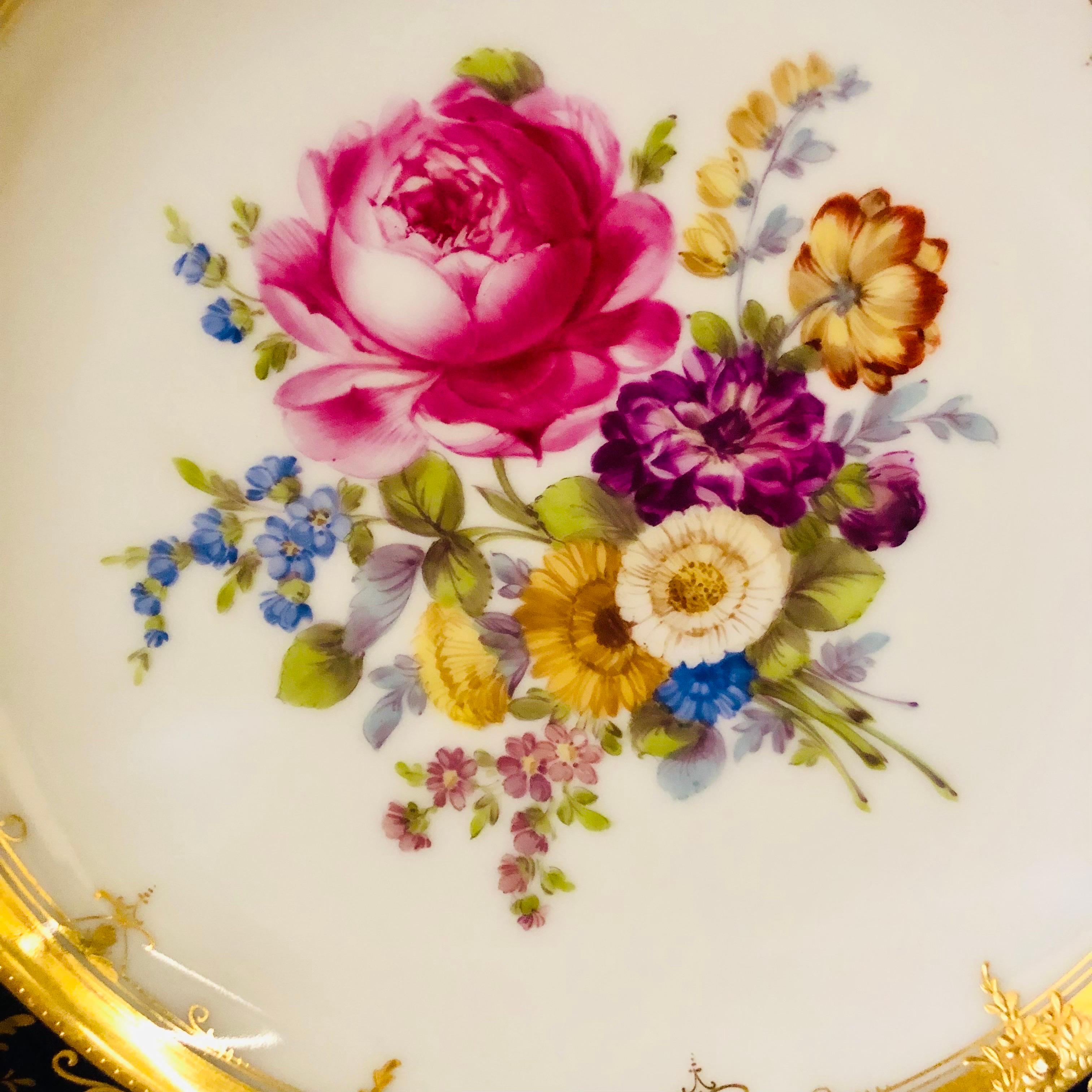 Ambrosius Lamm Dresden Cobalt Rim Dinner Plates with Different Flower Bouquets For Sale 6