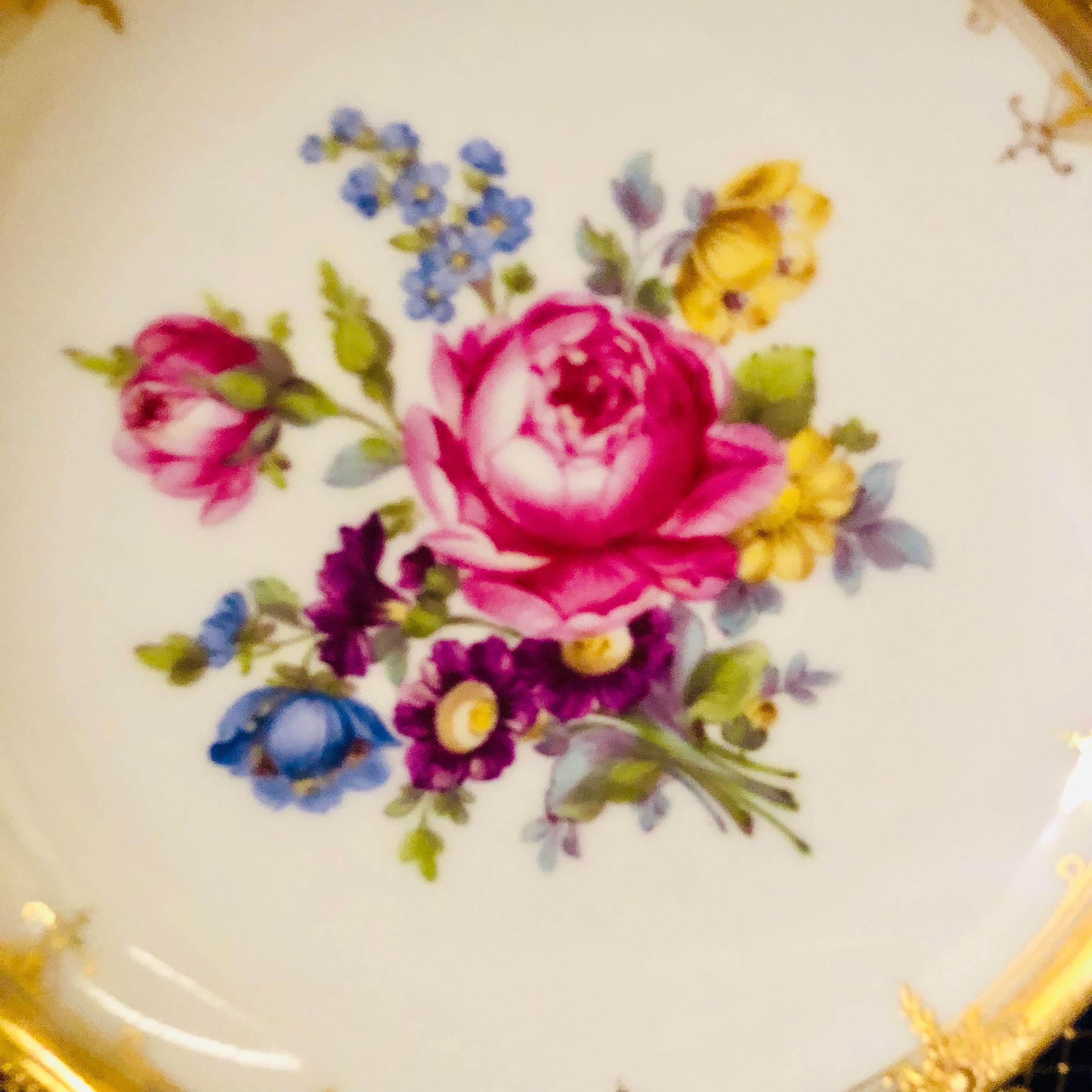 Ambrosius Lamm Dresden Cobalt Rim Dinner Plates with Different Flower Bouquets For Sale 9