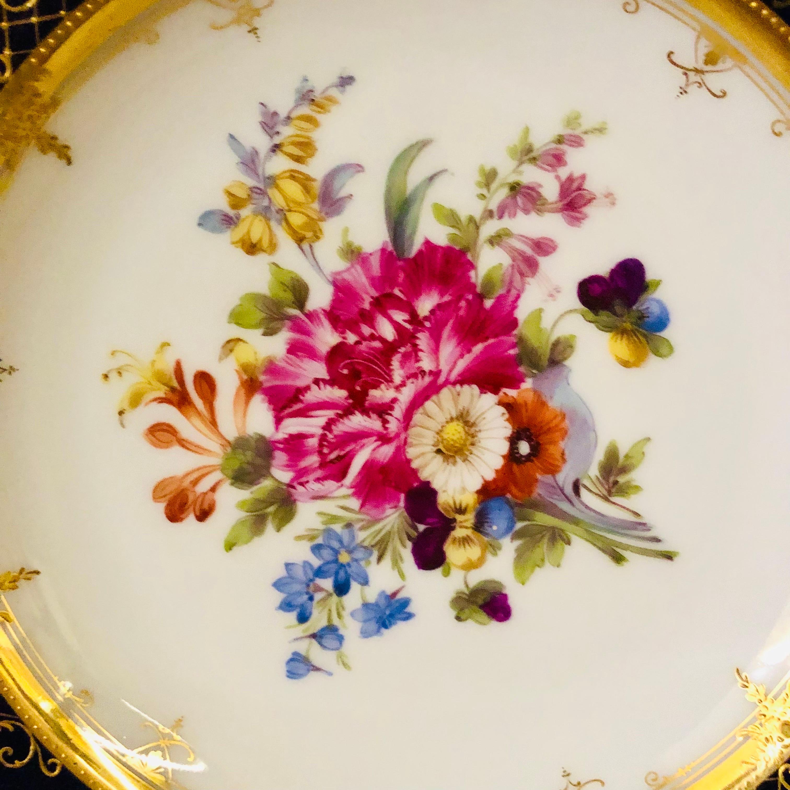 Ambrosius Lamm Dresden Cobalt Rim Dinner Plates with Different Flower Bouquets For Sale 10