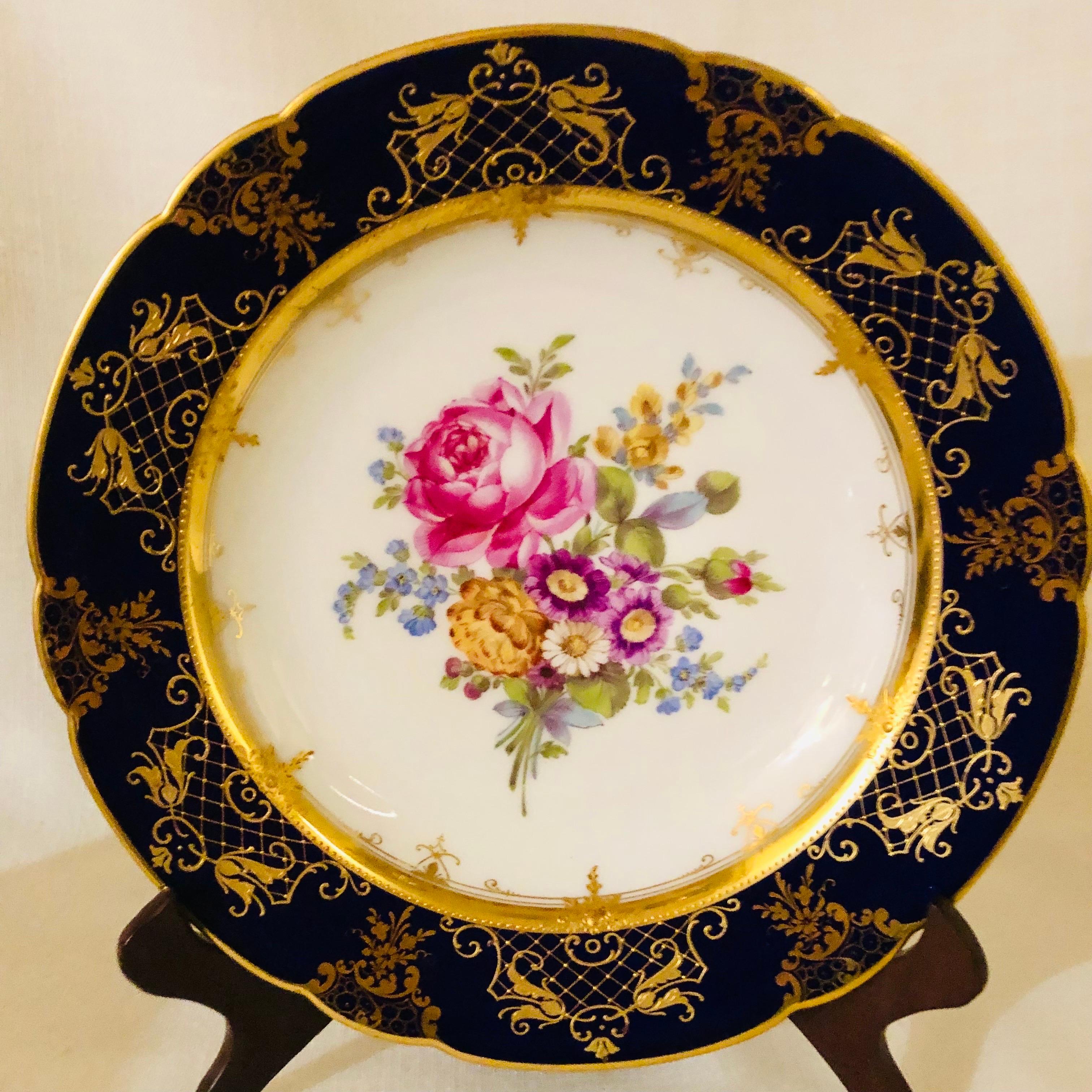 These are a set of ten exquisite Ambrosius Lamm Dresden dinner plates. These exemplify the fabulous talent of the artists of the Ambrosius Lamm Dresden decorators over a hundred years ago. Each dinner plate has a different large majestic bouquet of