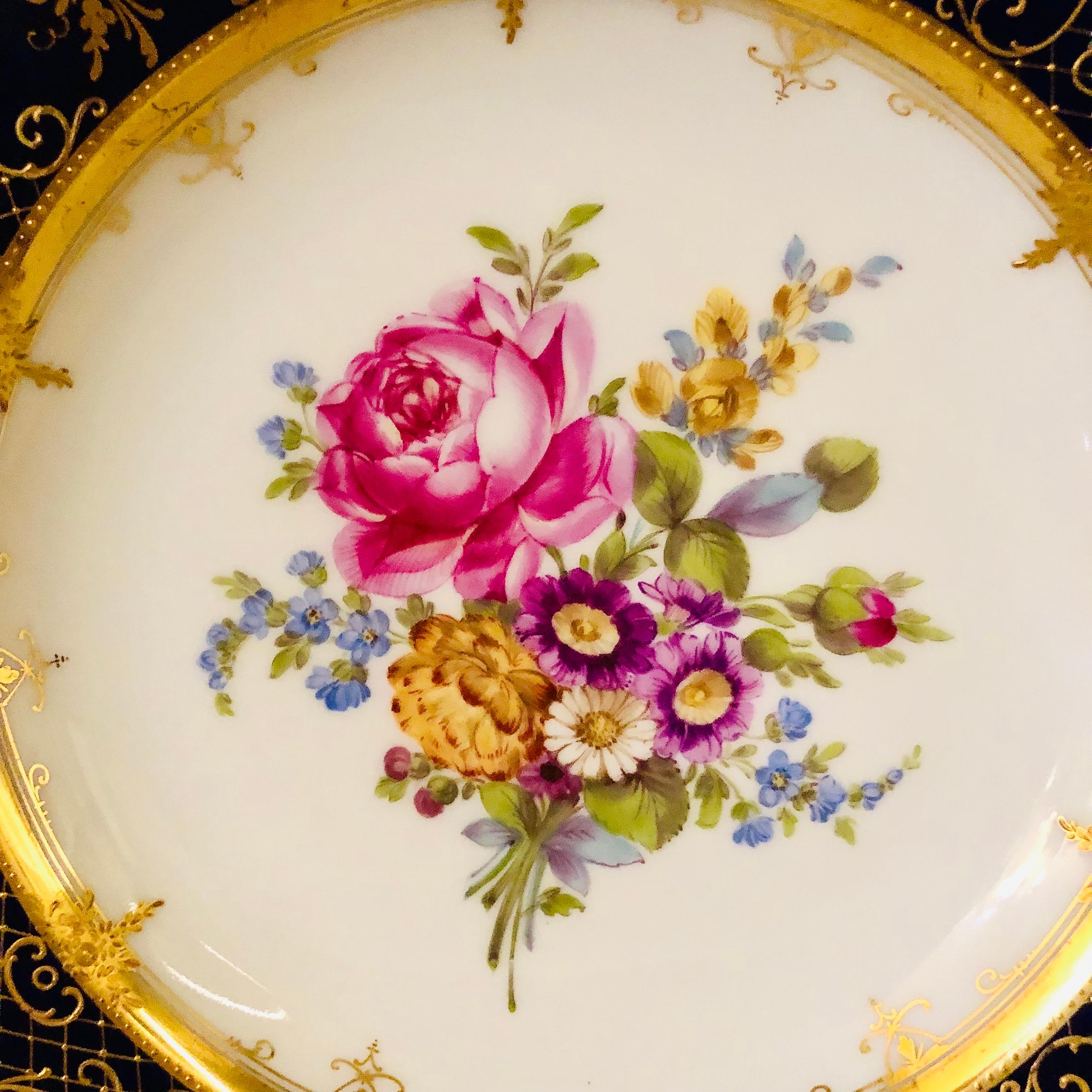 Romantic Ambrosius Lamm Dresden Cobalt Rim Dinner Plates with Different Flower Bouquets For Sale