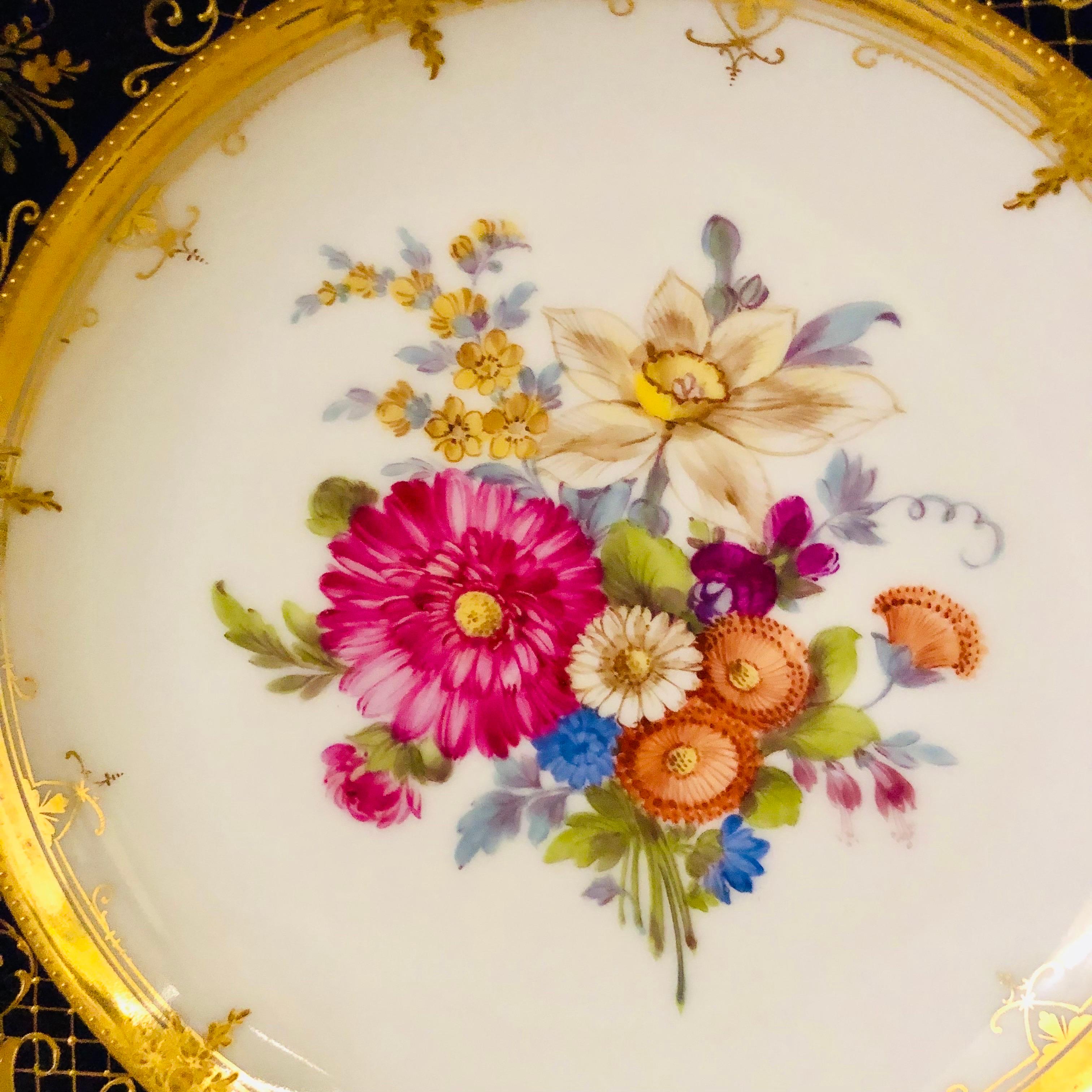 Romantic Ambrosius Lamm Dresden Cobalt Rim Dinner Plates with Different Flower Bouquets For Sale