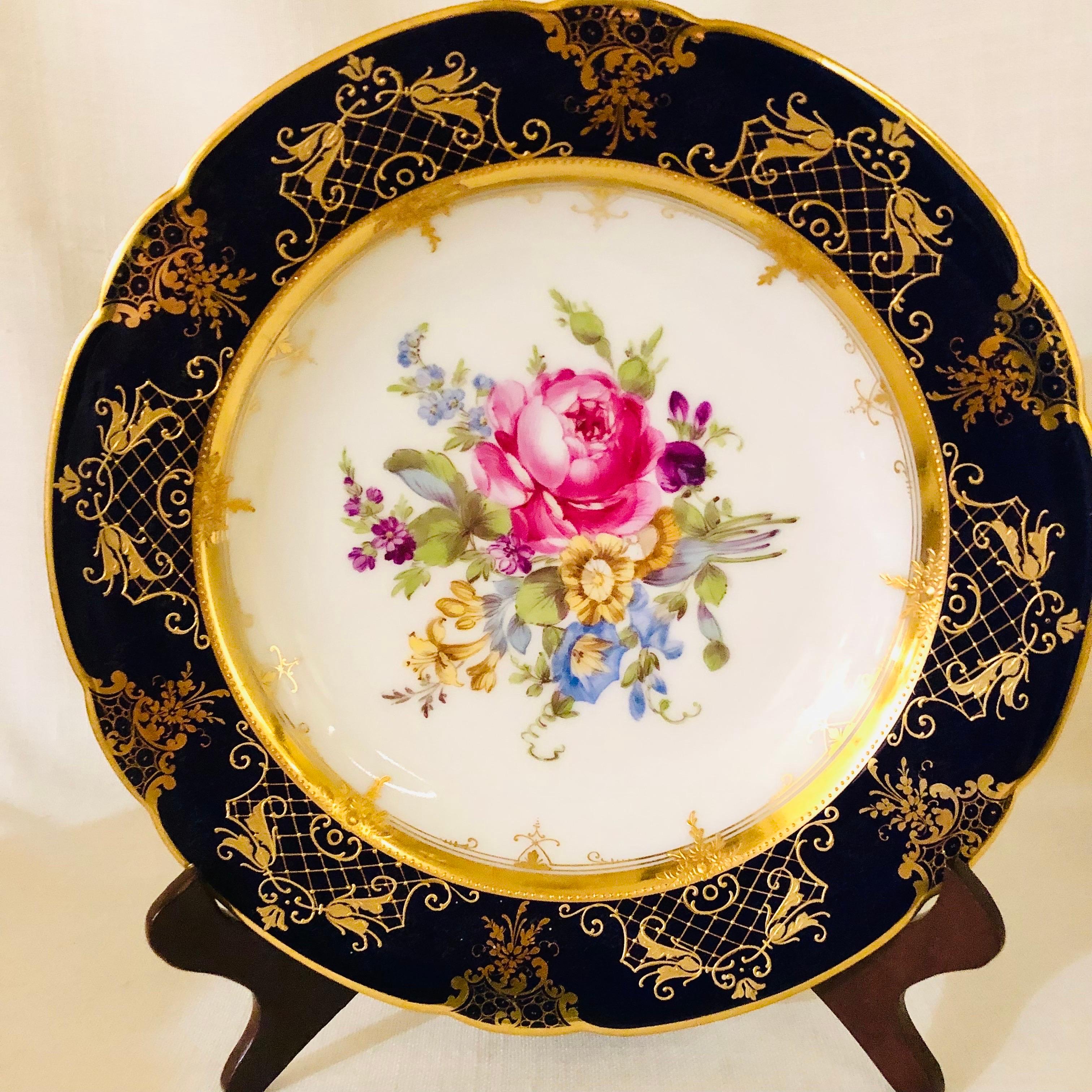 Ambrosius Lamm Dresden Cobalt Rim Dinner Plates with Different Flower Bouquets In Good Condition For Sale In Boston, MA