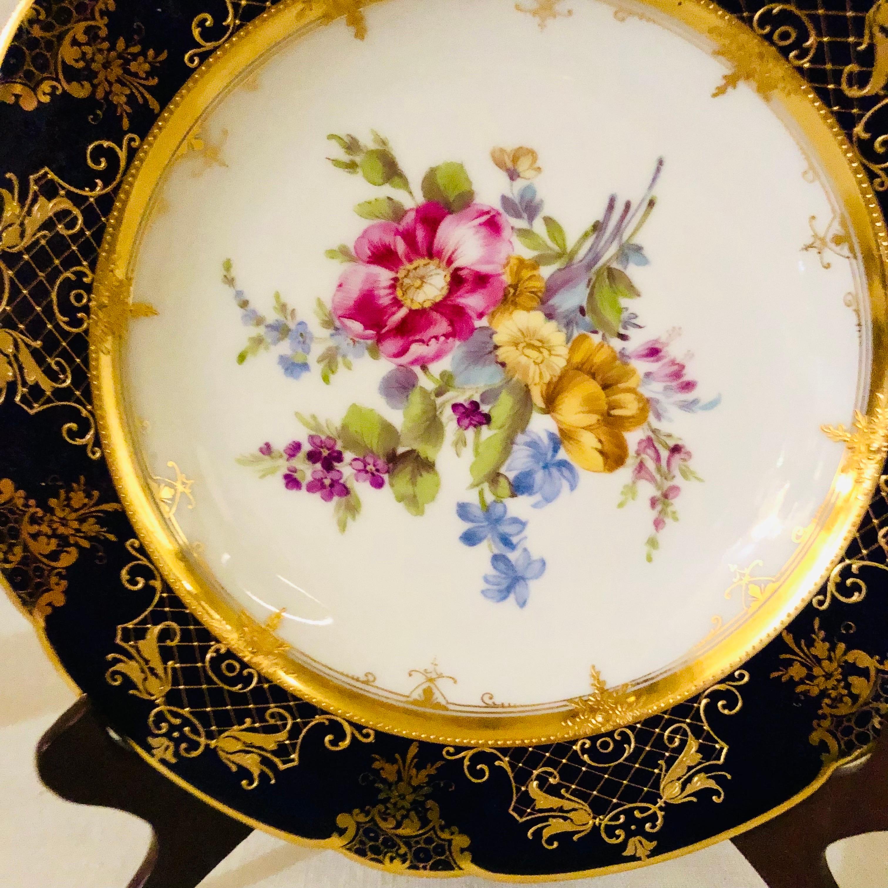 Late 19th Century Ambrosius Lamm Dresden Cobalt Rim Dinner Plates with Different Flower Bouquets For Sale