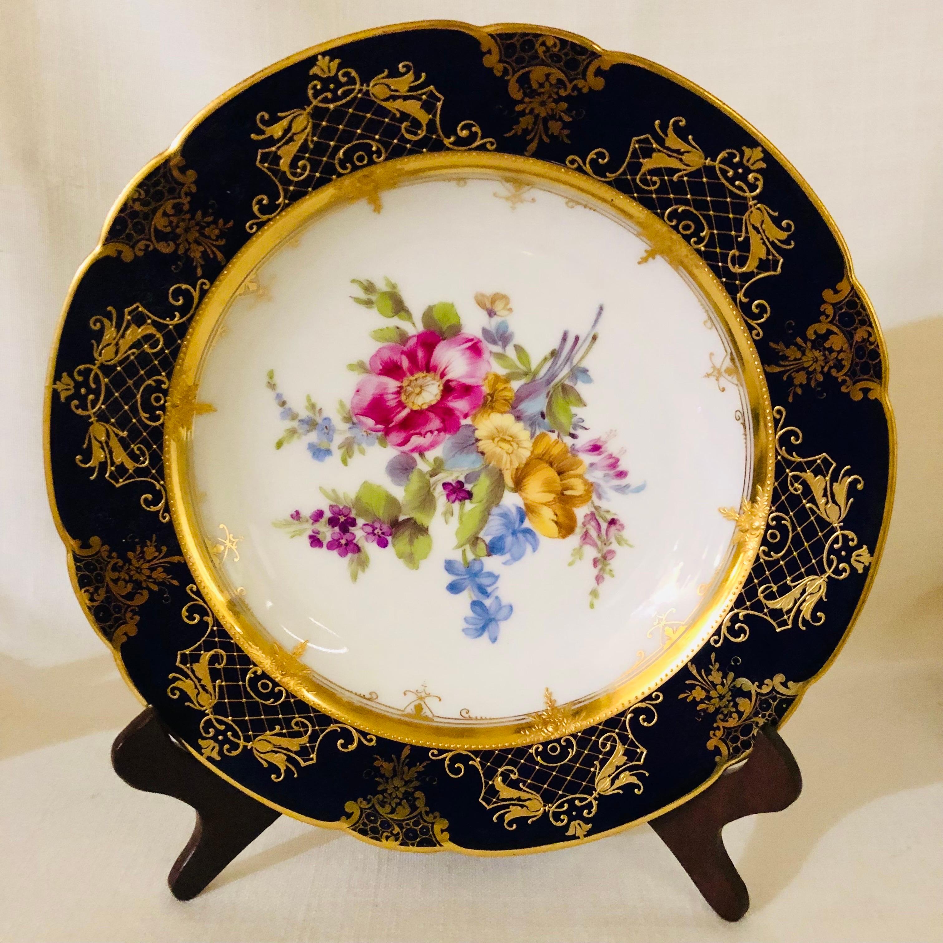 Ambrosius Lamm Dresden Cobalt Rim Dinner Plates with Different Flower Bouquets In Good Condition For Sale In Boston, MA