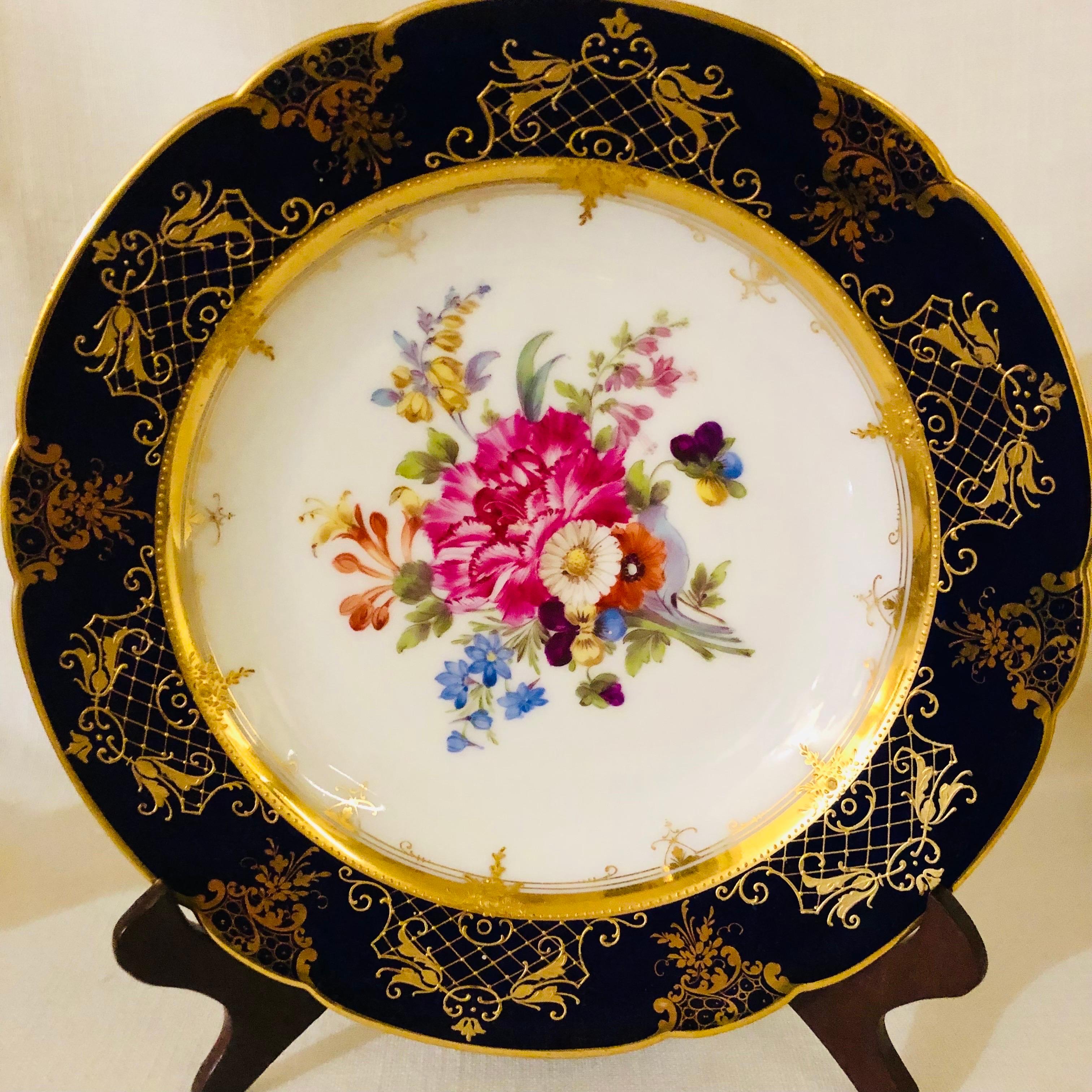 Late 19th Century Ambrosius Lamm Dresden Cobalt Rim Dinner Plates with Different Flower Bouquets For Sale