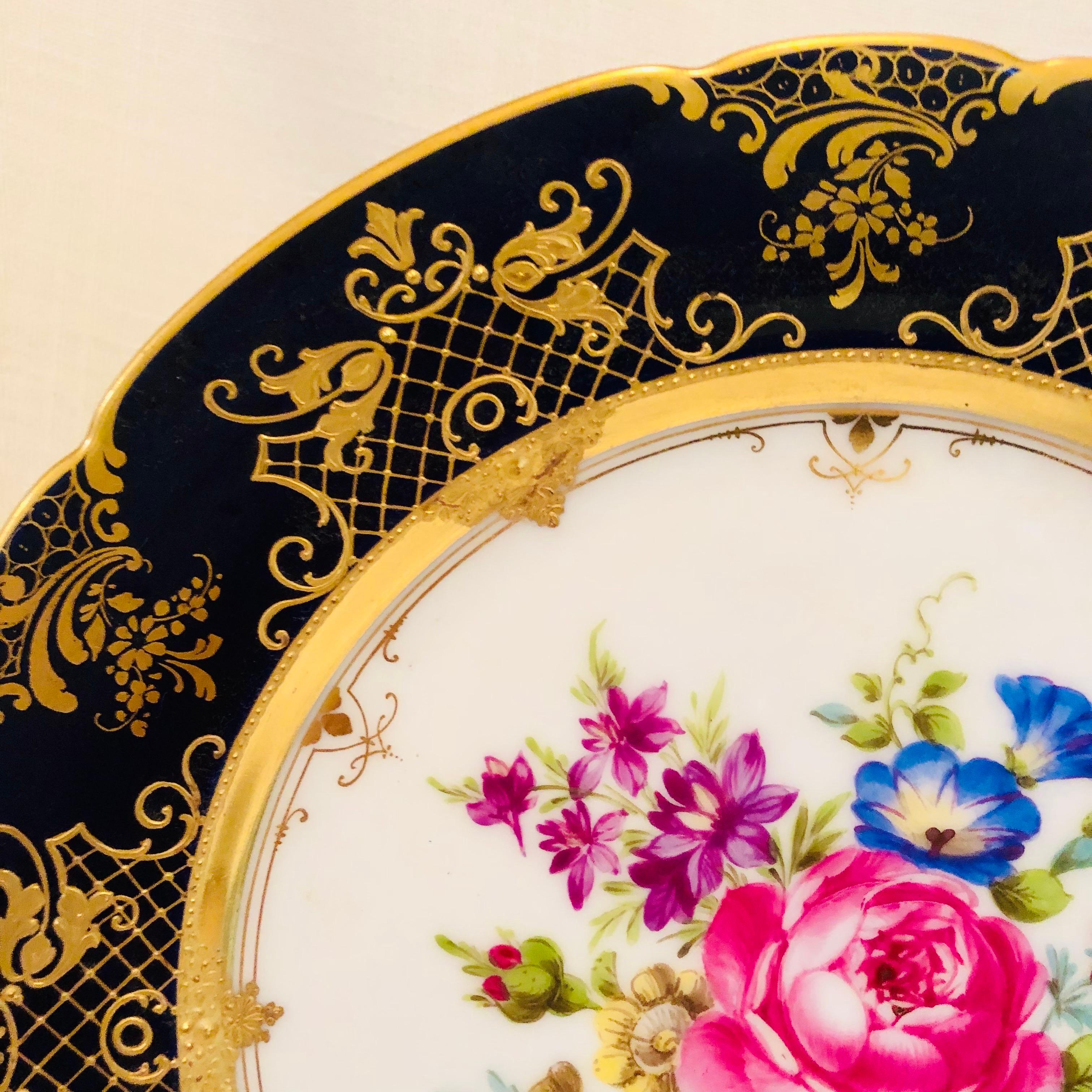 Porcelain Ambrosius Lamm Dresden Cobalt Rim Wide Rim Soups With Different Flower Bouquets