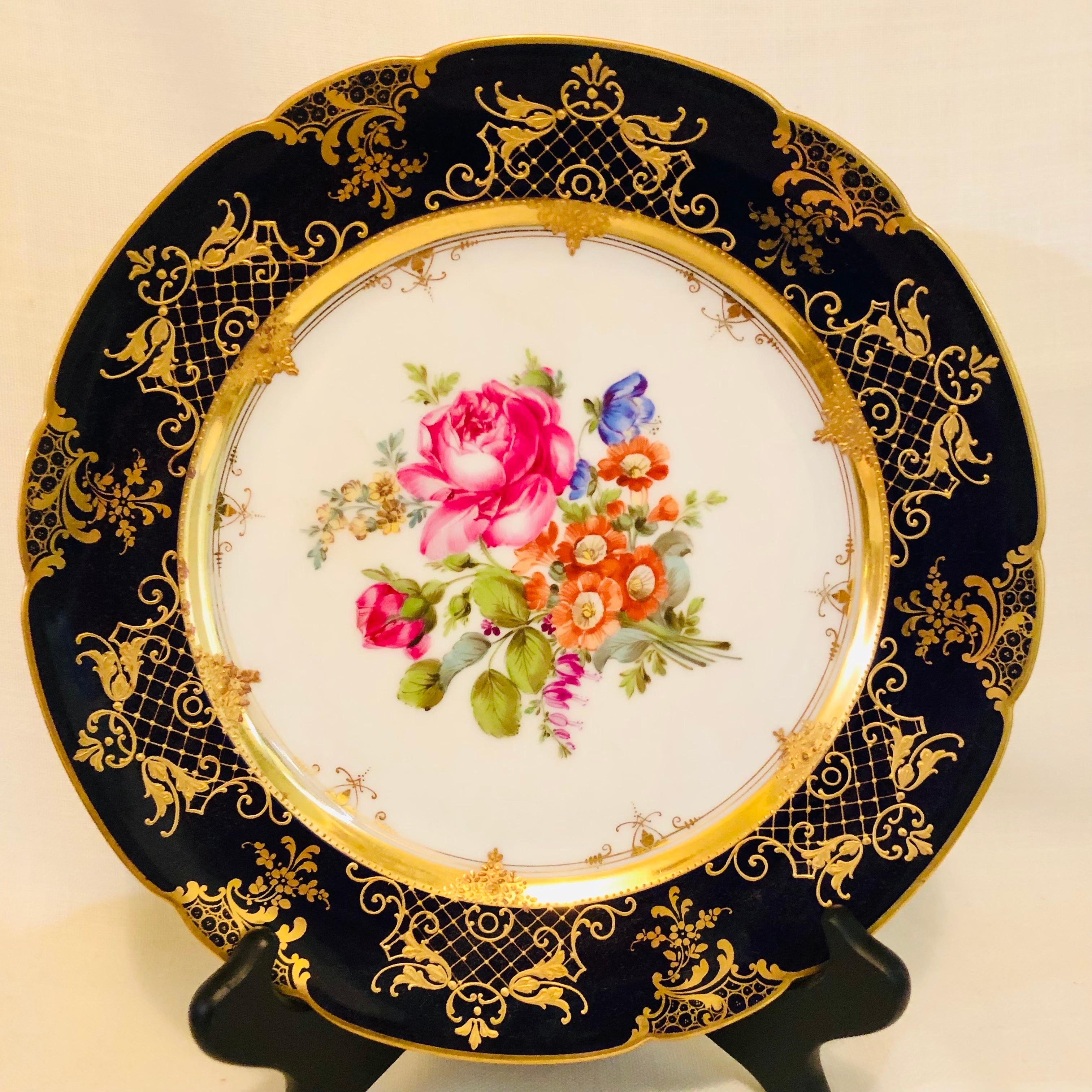 Ambrosius Lamm Dresden Cobalt Rim Wide Rim Soups With Different Flower Bouquets 1