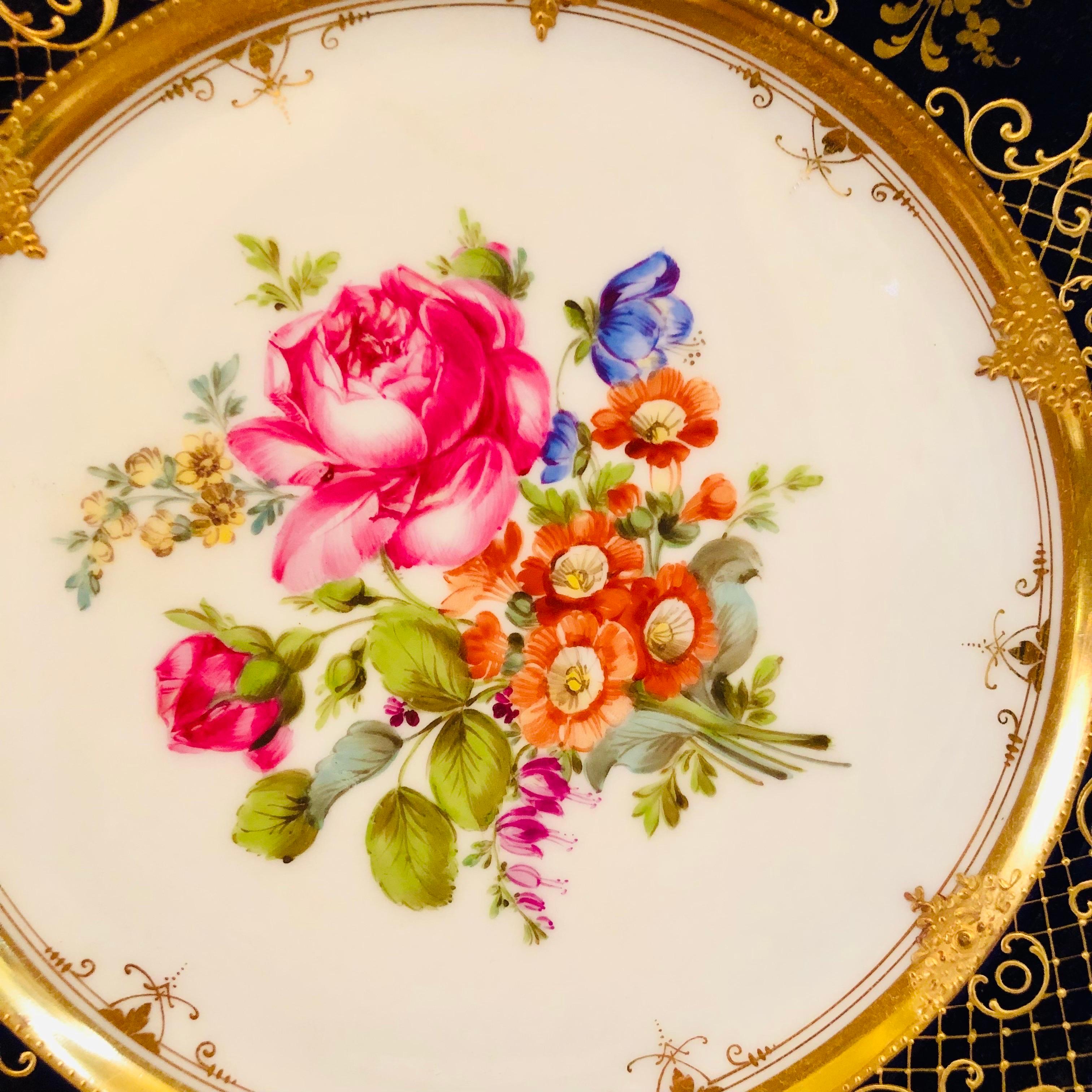 Ambrosius Lamm Dresden Cobalt Rim Wide Rim Soups With Different Flower Bouquets 2