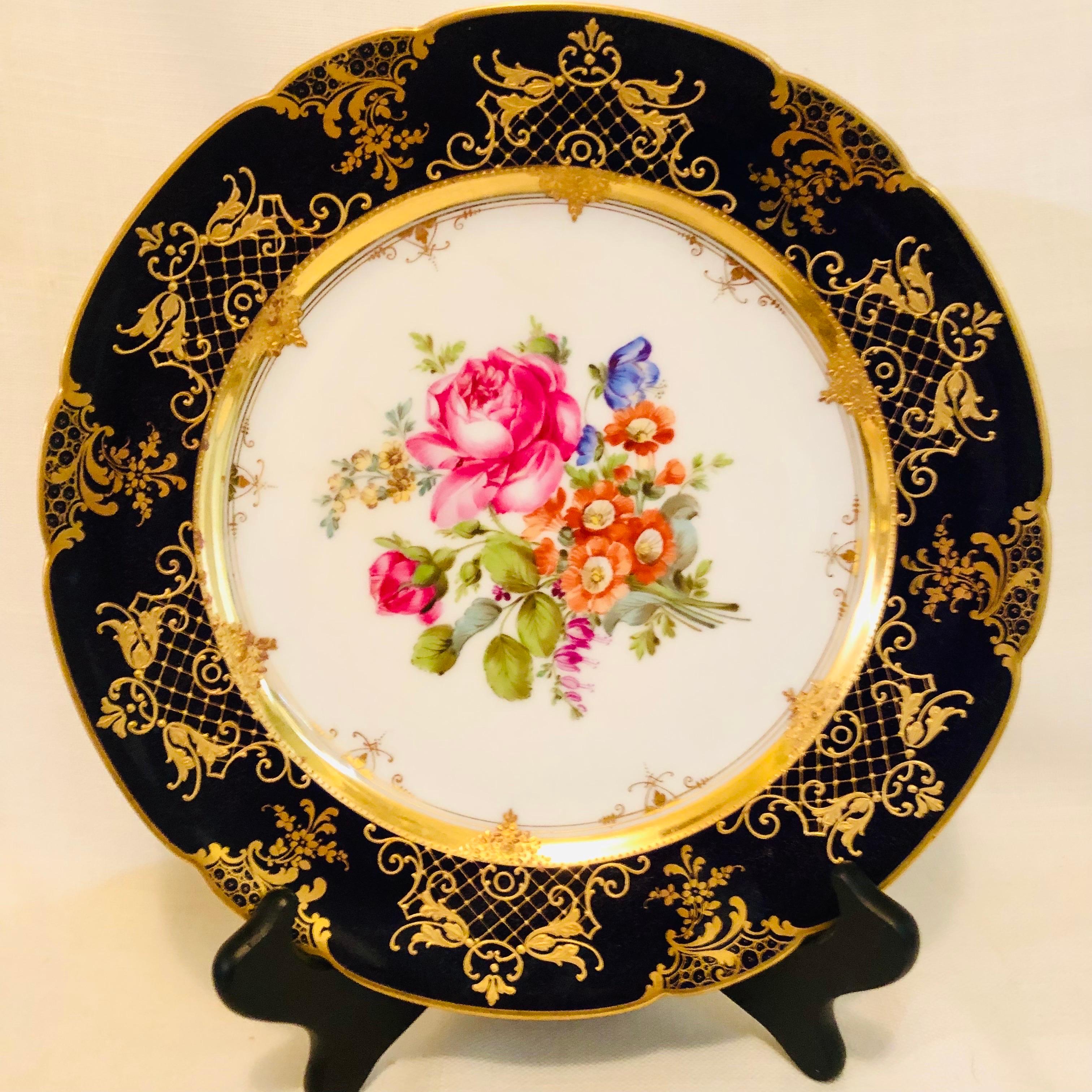Ambrosius Lamm Dresden Cobalt Rim Wide Rim Soups With Different Flower Bouquets 3