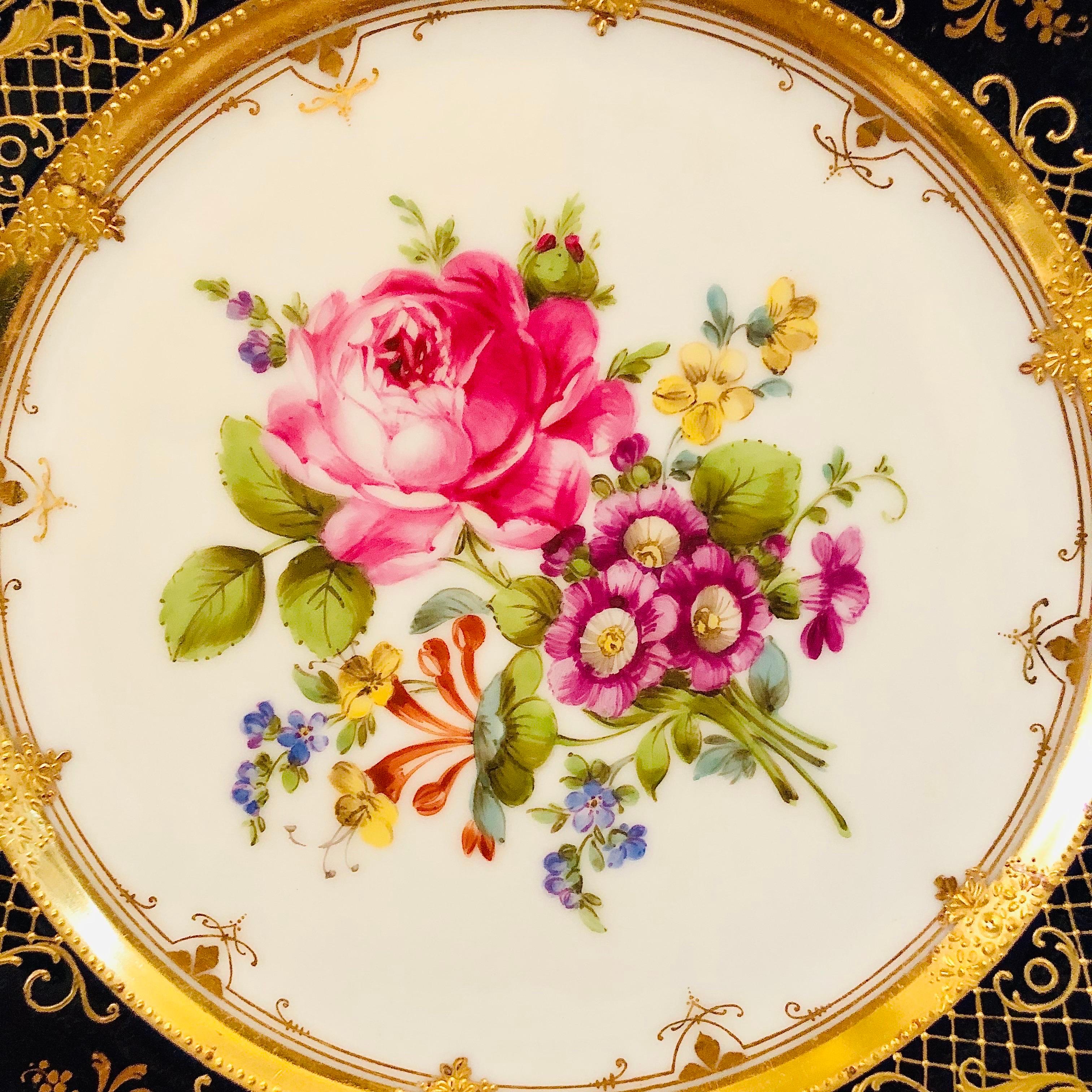Ambrosius Lamm Dresden Cobalt Rim Wide Rim Soups With Different Flower Bouquets 4