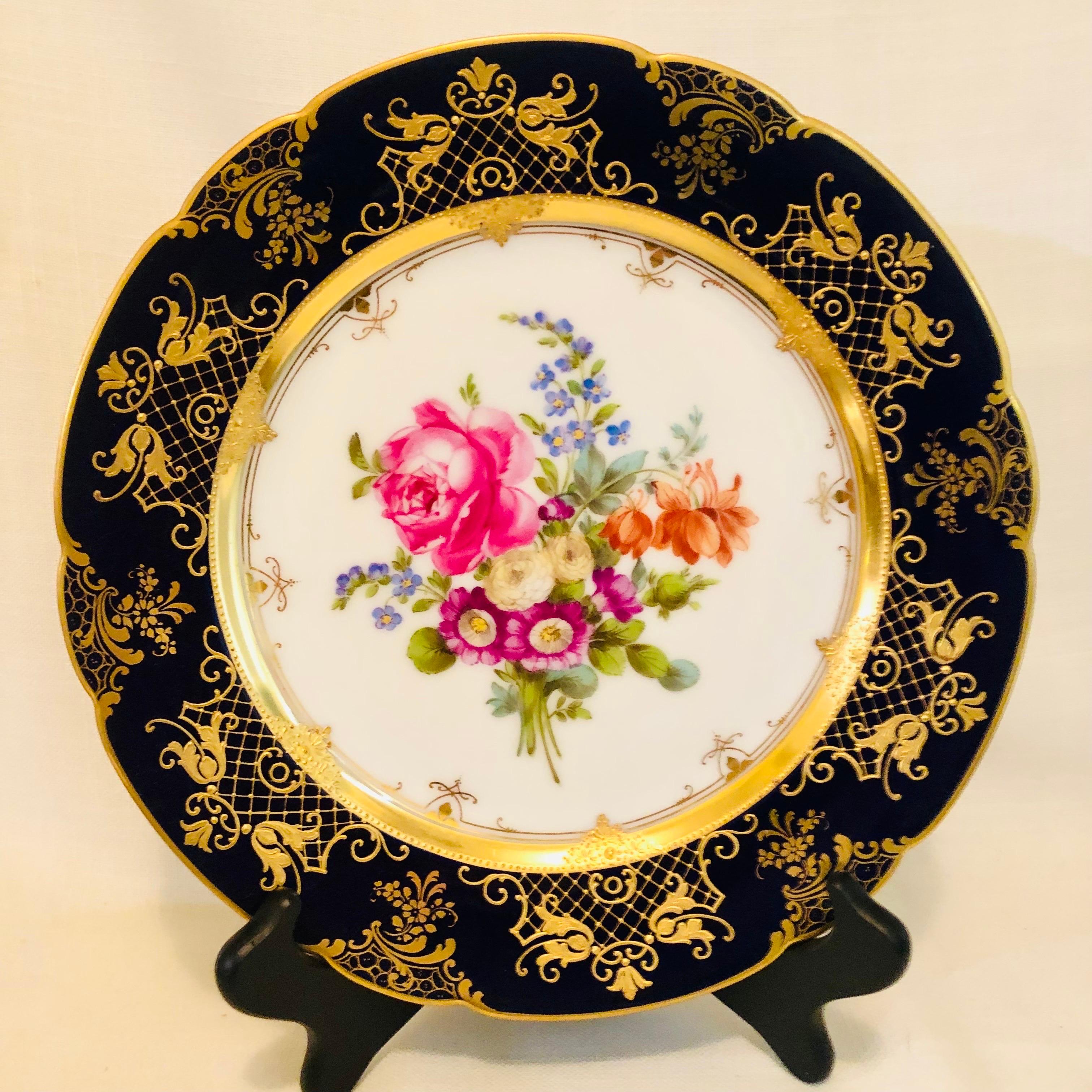 Ambrosius Lamm Dresden Cobalt Rim Wide Rim Soups With Different Flower Bouquets 6
