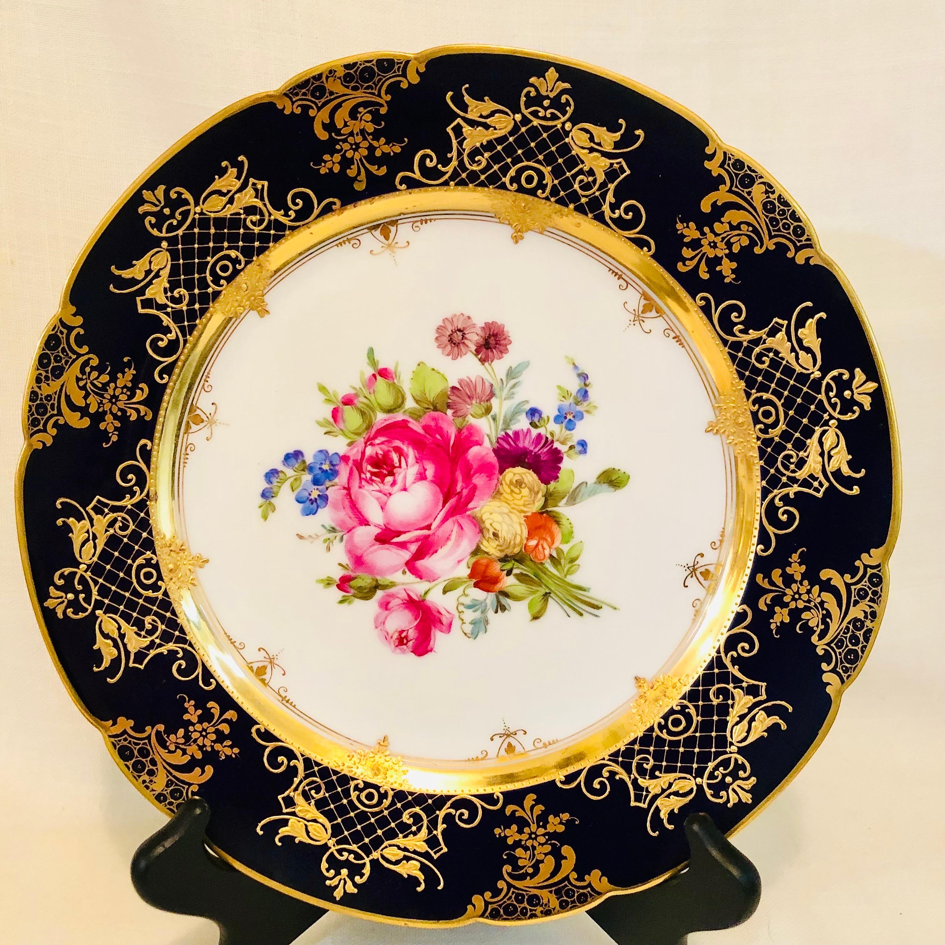 Ambrosius Lamm Dresden Cobalt Rim Wide Rim Soups With Different Flower Bouquets 8