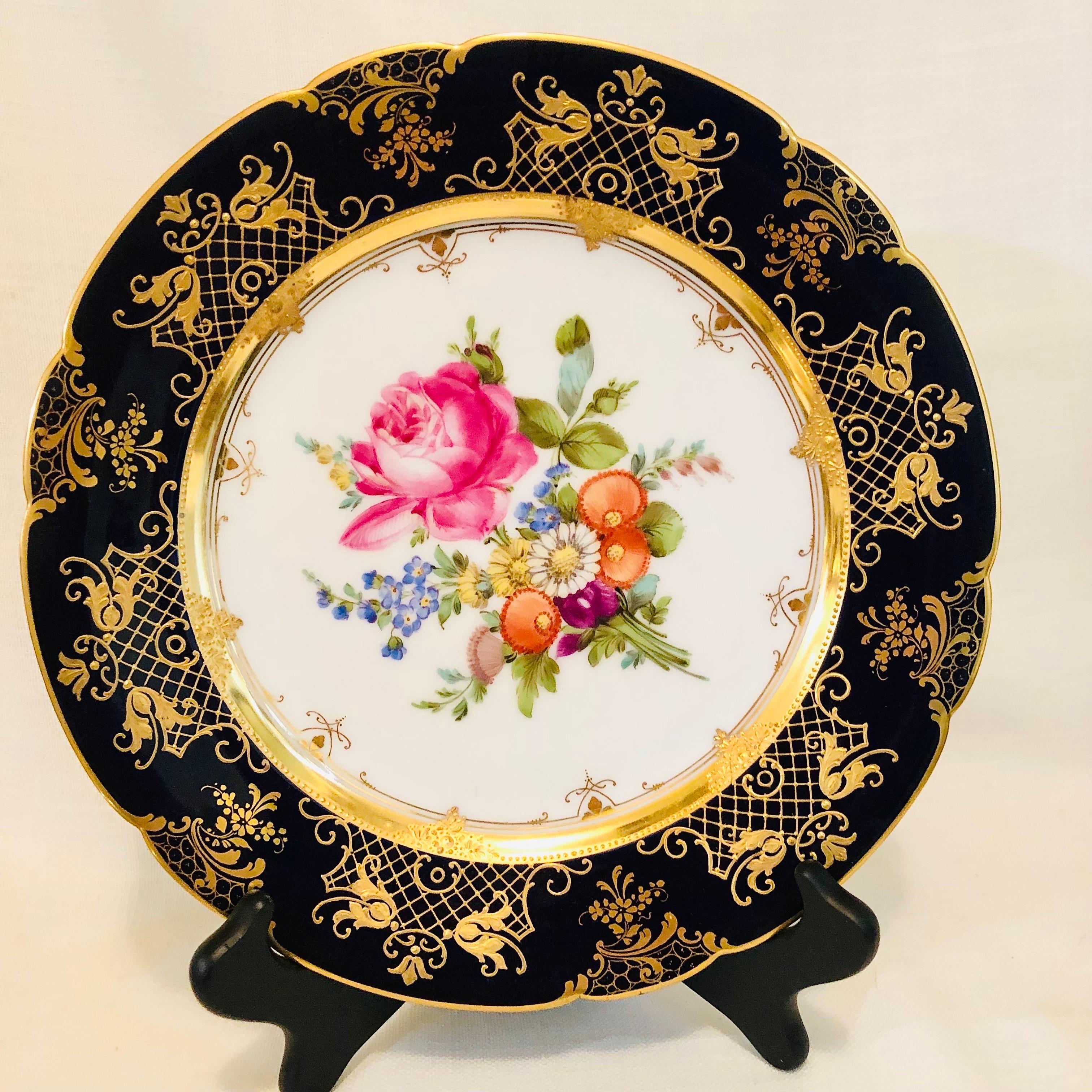Ambrosius Lamm Dresden Cobalt Rim Wide Rim Soups With Different Flower Bouquets 9