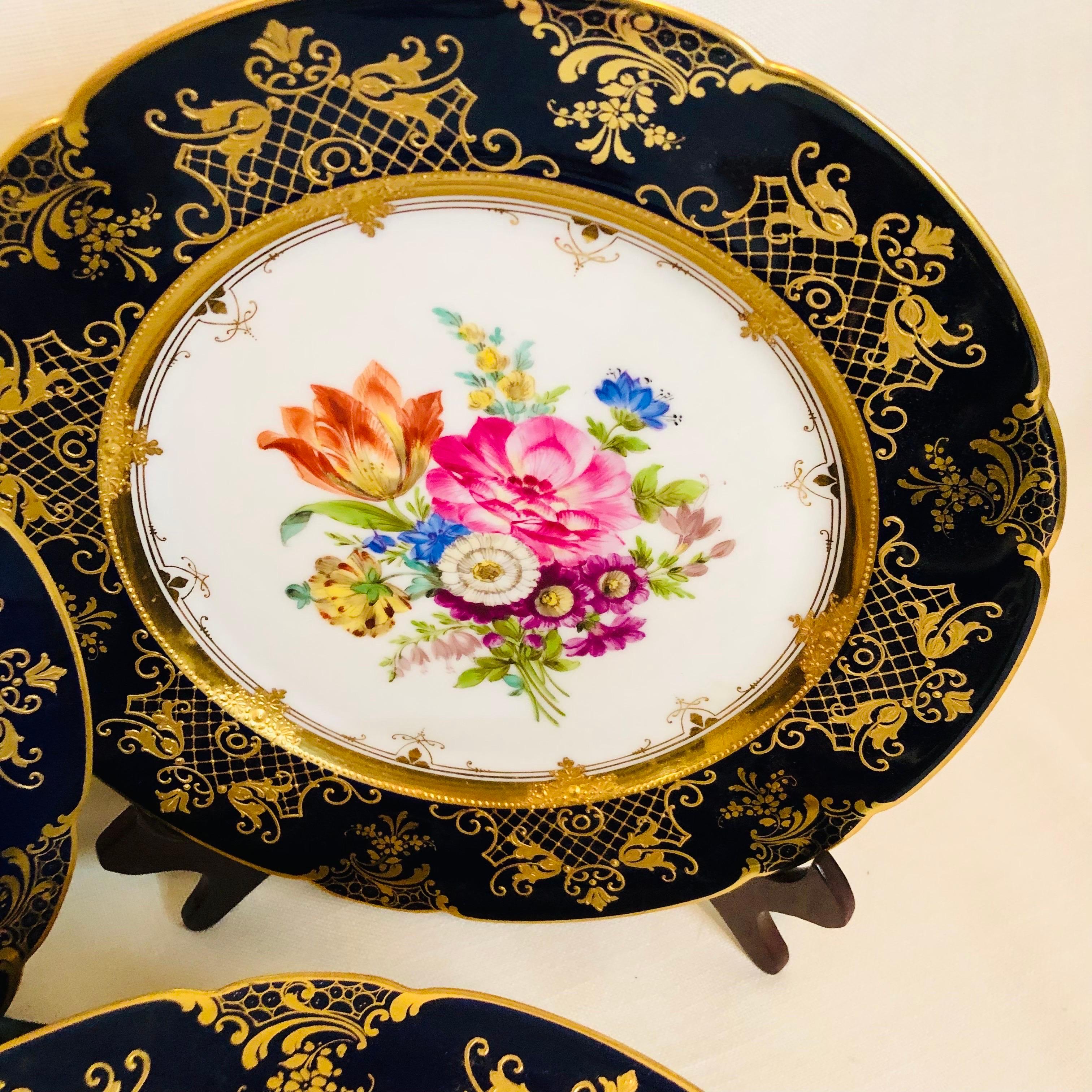 Romantic Ambrosius Lamm Dresden Cobalt Rim Wide Rim Soups With Different Flower Bouquets