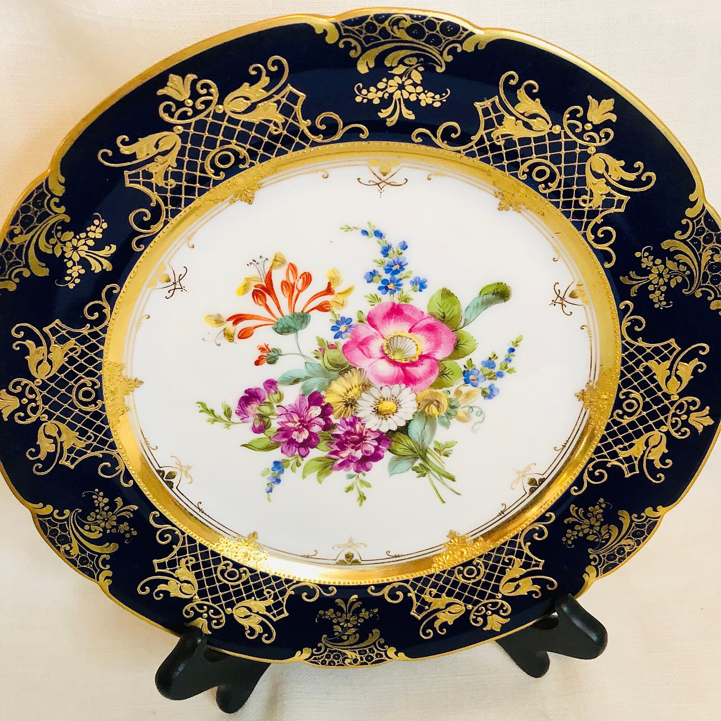 German Ambrosius Lamm Dresden Cobalt Rim Wide Rim Soups With Different Flower Bouquets