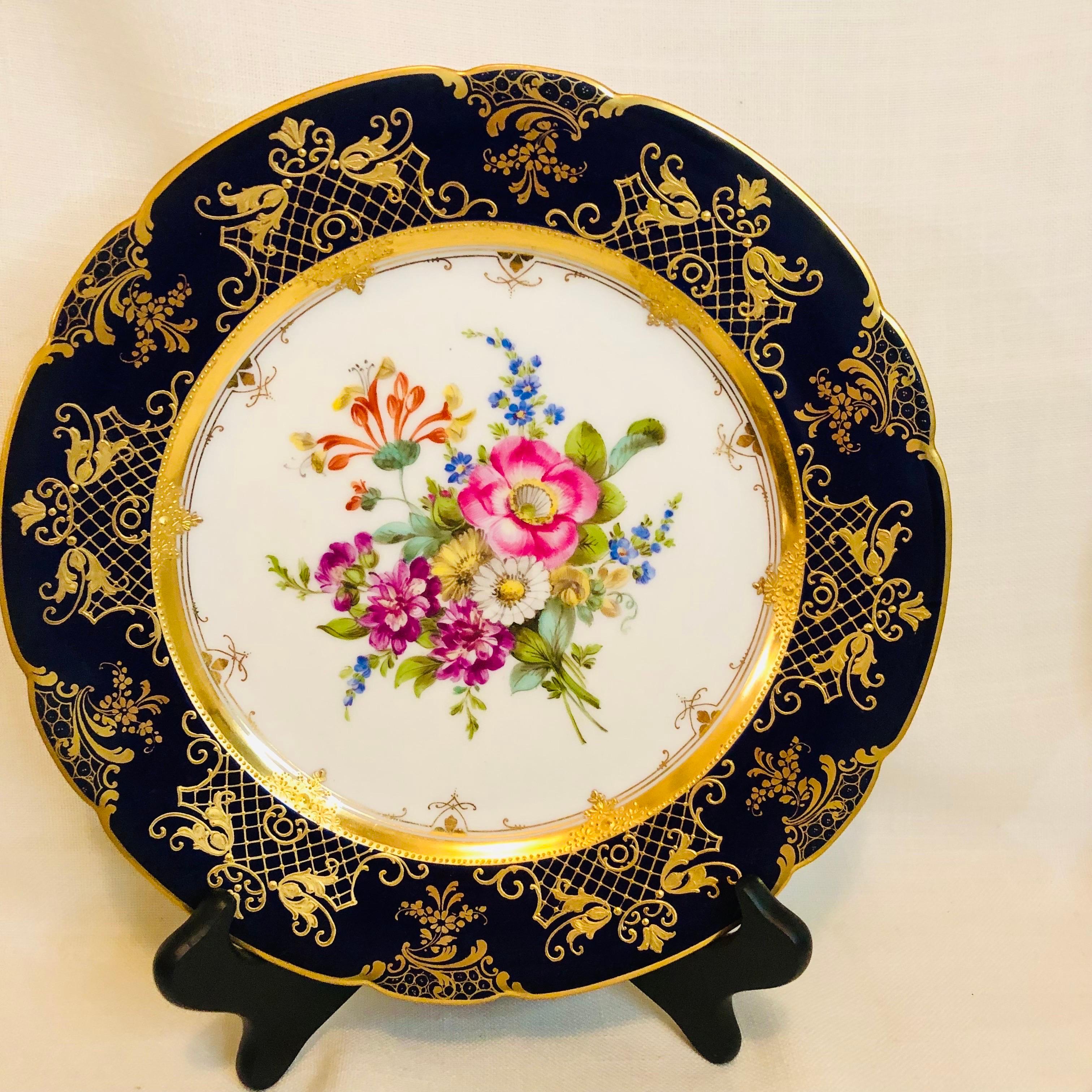 Hand-Painted Ambrosius Lamm Dresden Cobalt Rim Wide Rim Soups With Different Flower Bouquets