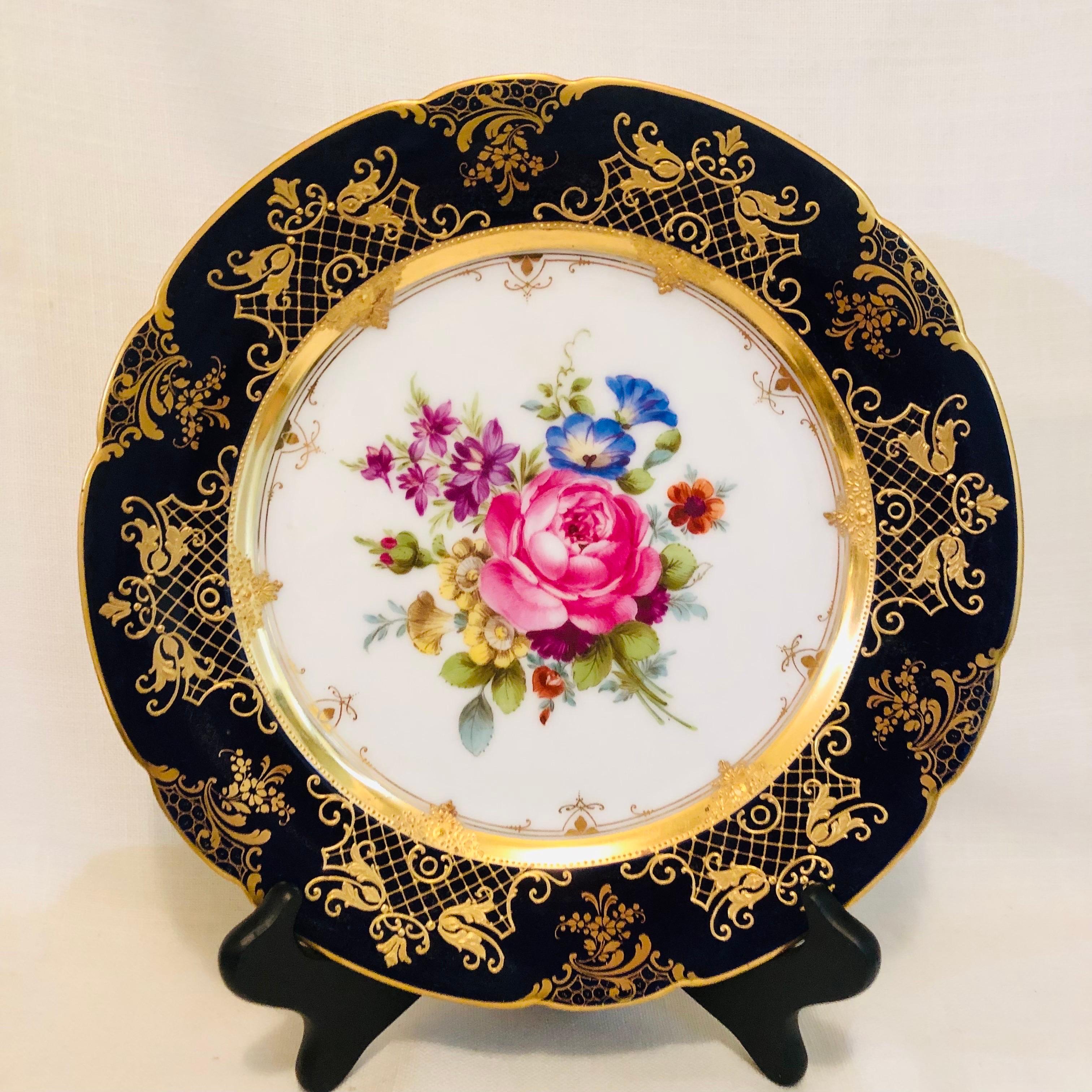 Ambrosius Lamm Dresden Cobalt Rim Wide Rim Soups With Different Flower Bouquets In Good Condition In Boston, MA