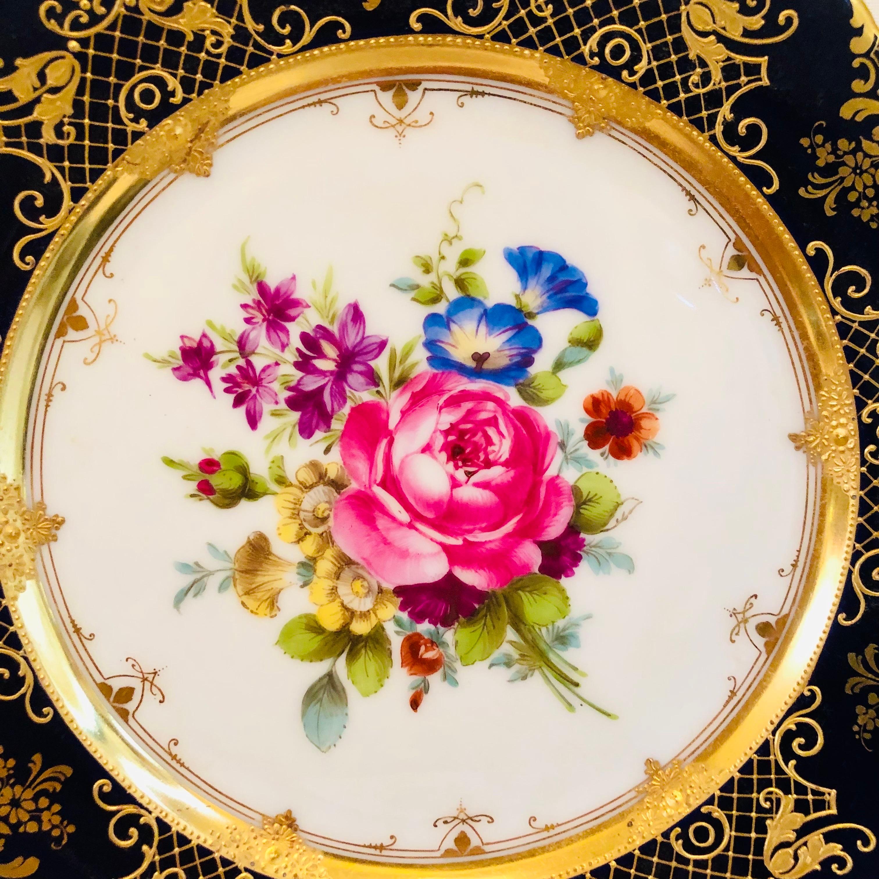 Late 19th Century Ambrosius Lamm Dresden Cobalt Rim Wide Rim Soups With Different Flower Bouquets