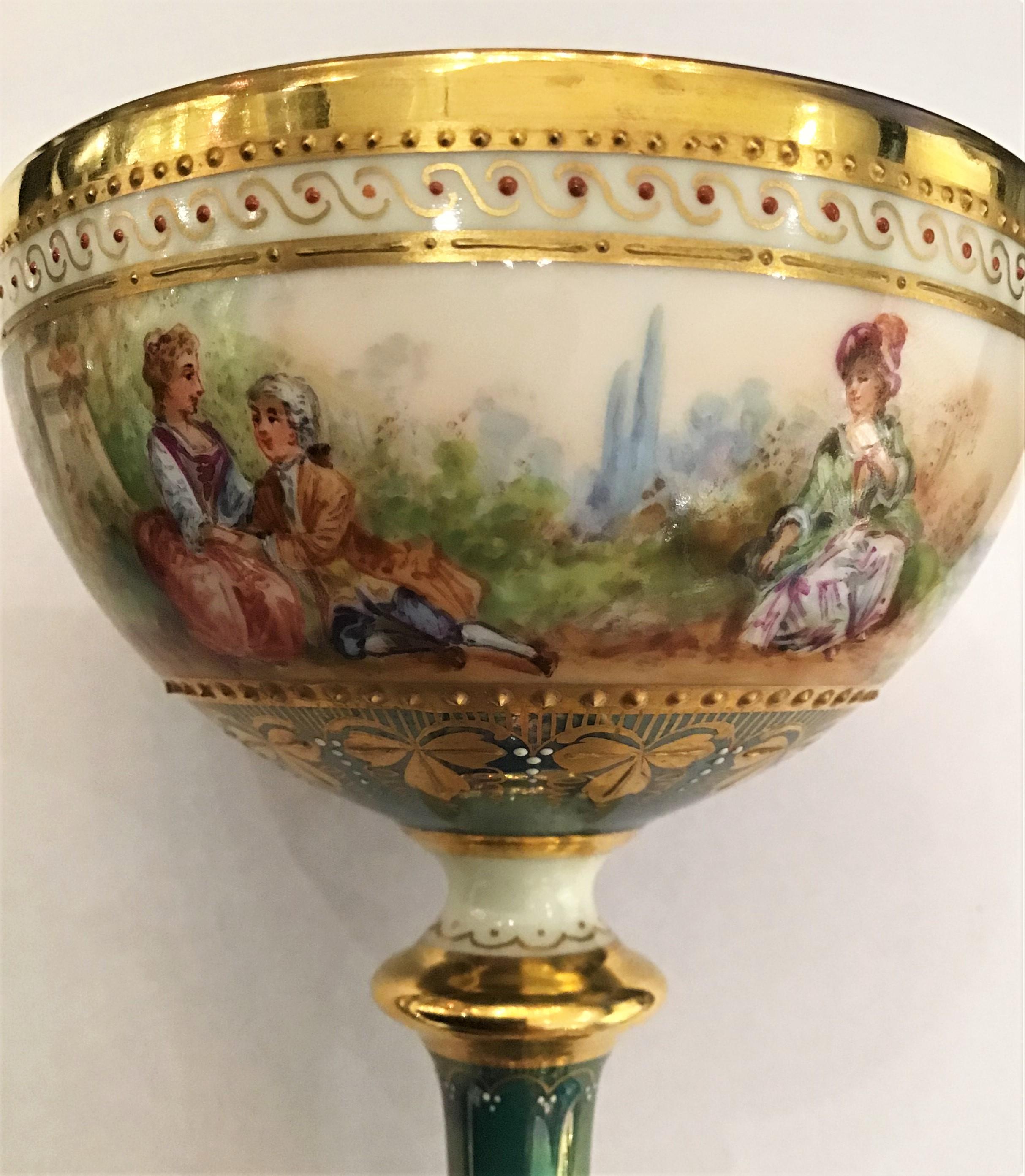 Porcelain Ambrosius Lamm Dresden Hand Painted Pedestal Cup Saucer Luster Green