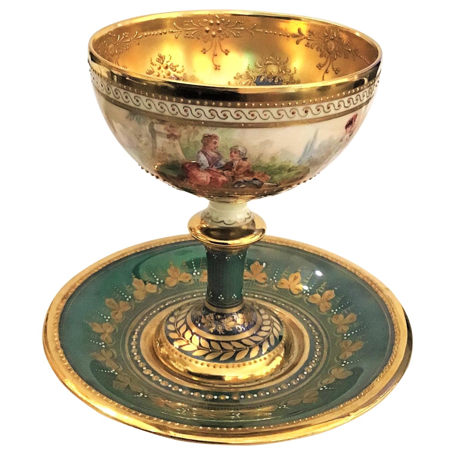 Ambrosius Lamm Dresden Hand Painted Pedestal Cup Saucer Luster Green