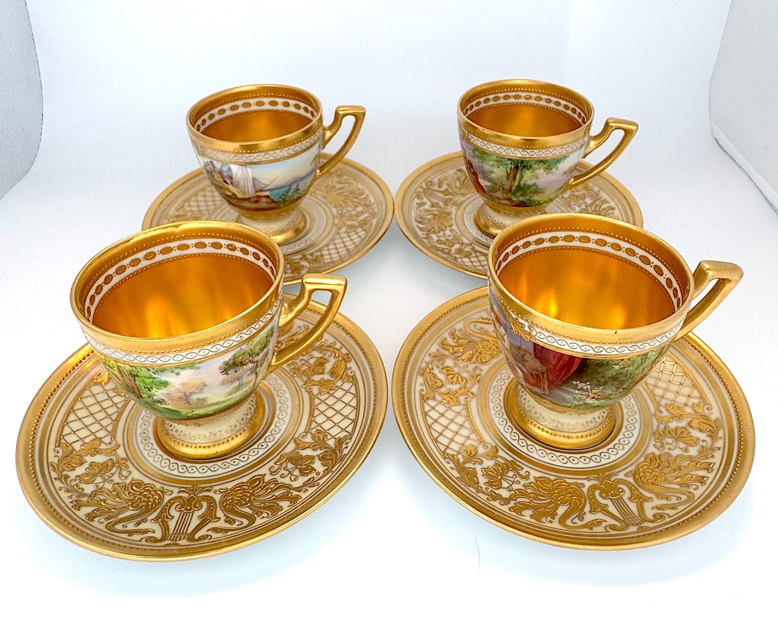 Amazing rare set of four hand painted demitasse coffee cups and saucers from the famous 