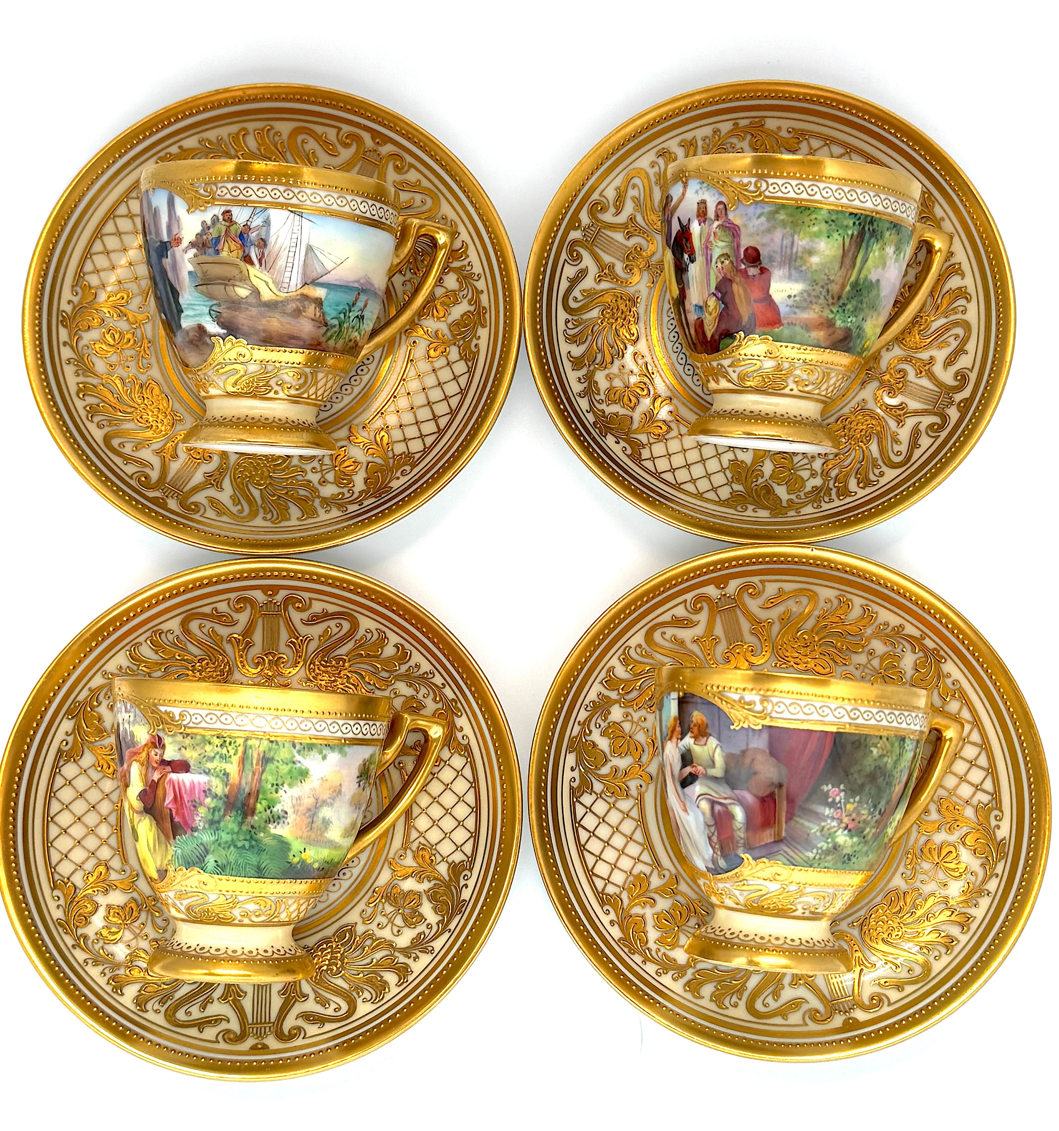 Hand-Painted Ambrosius Lamm Dresden Opera Set Demitasse Coffee Cups set of 4 For Sale