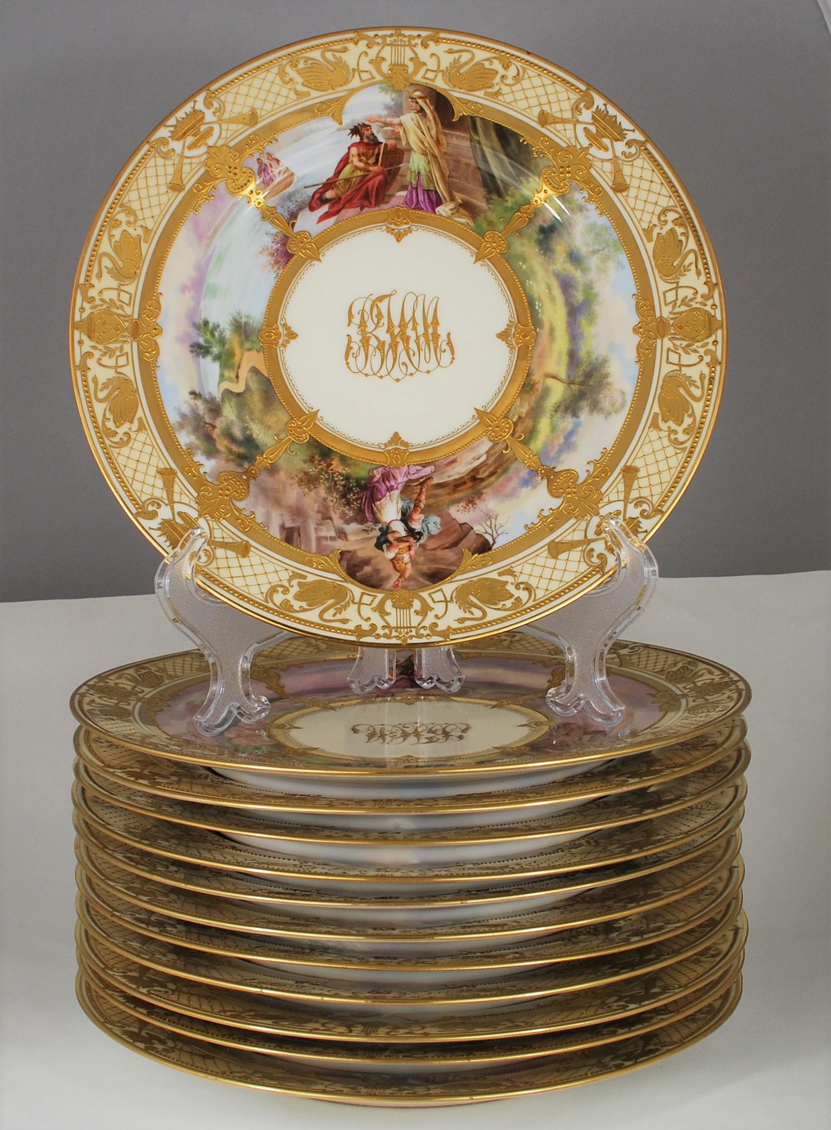 This set of 12 plates features some of the finest hand-painted porcelain made in Dresden, studio of Ambrosius Lamm. All plates are fully hand-painted as a 360 degree panorama presenting scenes from Wagner's operas. All pieces are carefully hand