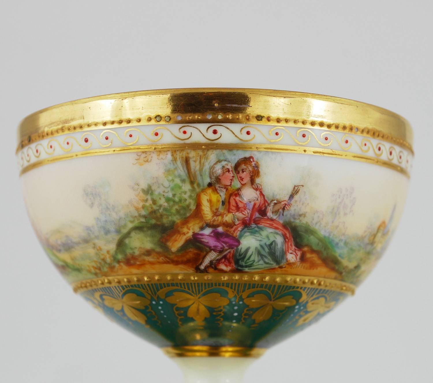 German Ambrosius Lamm Dresden Painted Footed Cup and Saucer Gilt Romantic