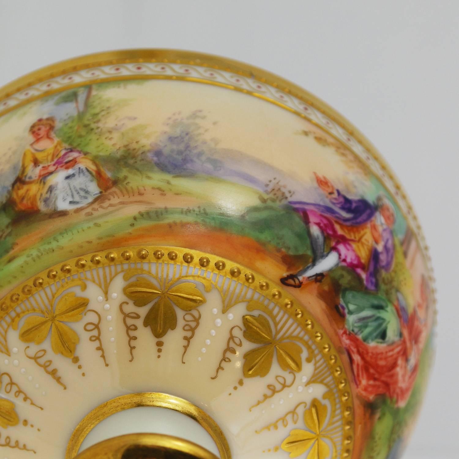 20th Century Ambrosius Lamm Vintage Dresden Painted Footed Cup and Saucer Gilt Romantic