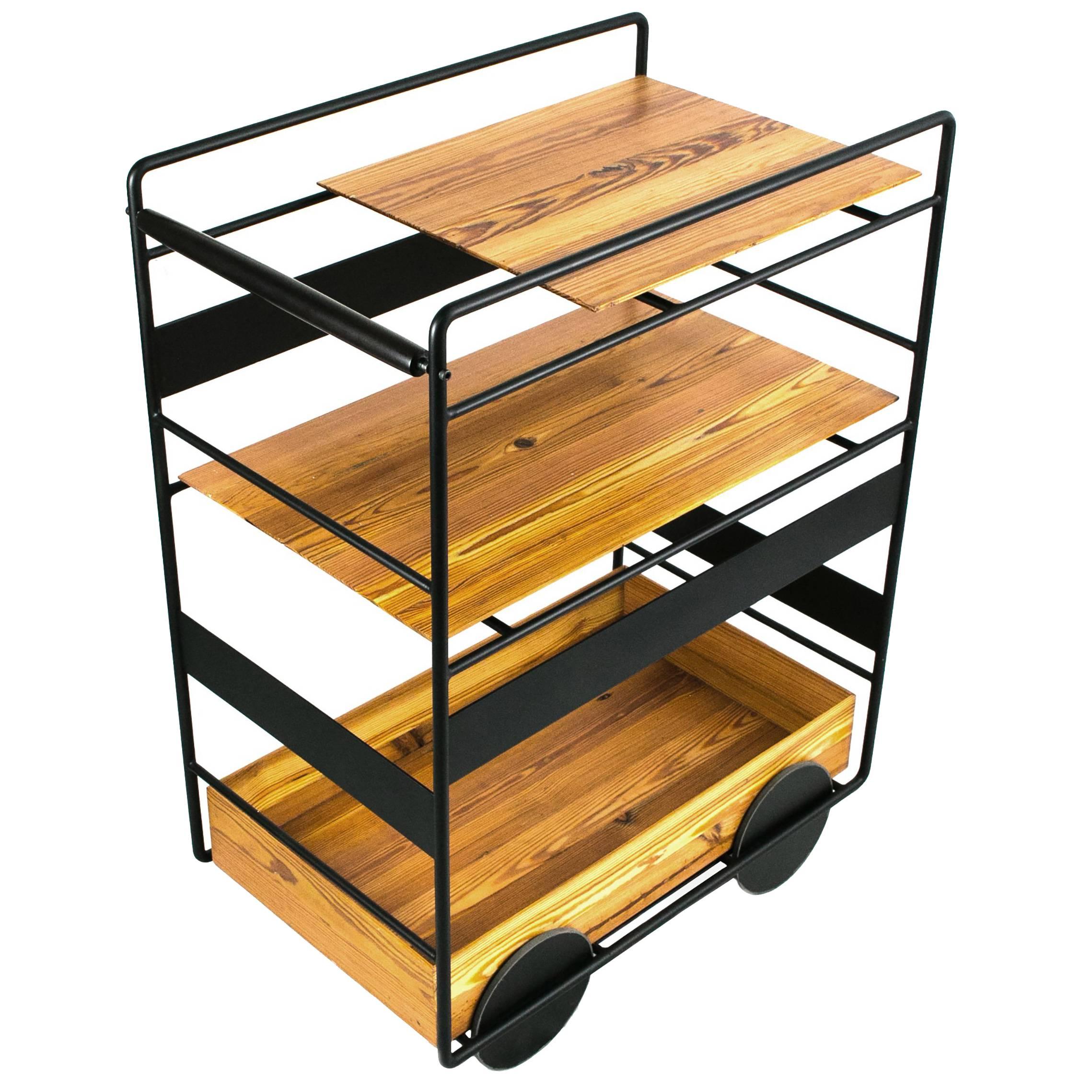 "Ambulante" Bar Trolley Cart in Black Stainless Steel and Brazilian Hardwood For Sale