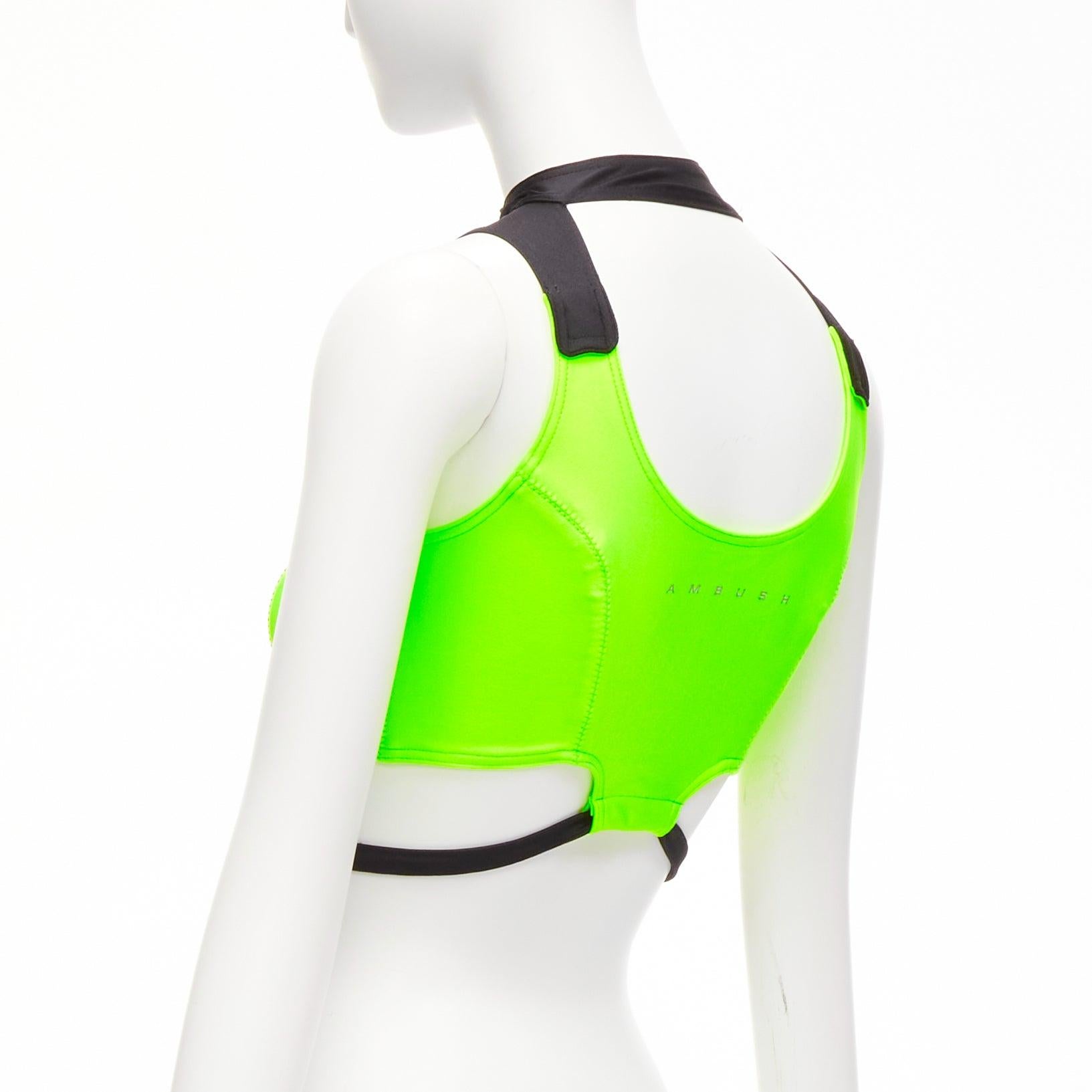 Women's AMBUSH neon green black panelled logo back waist tie cropped sports top Size 1 S For Sale
