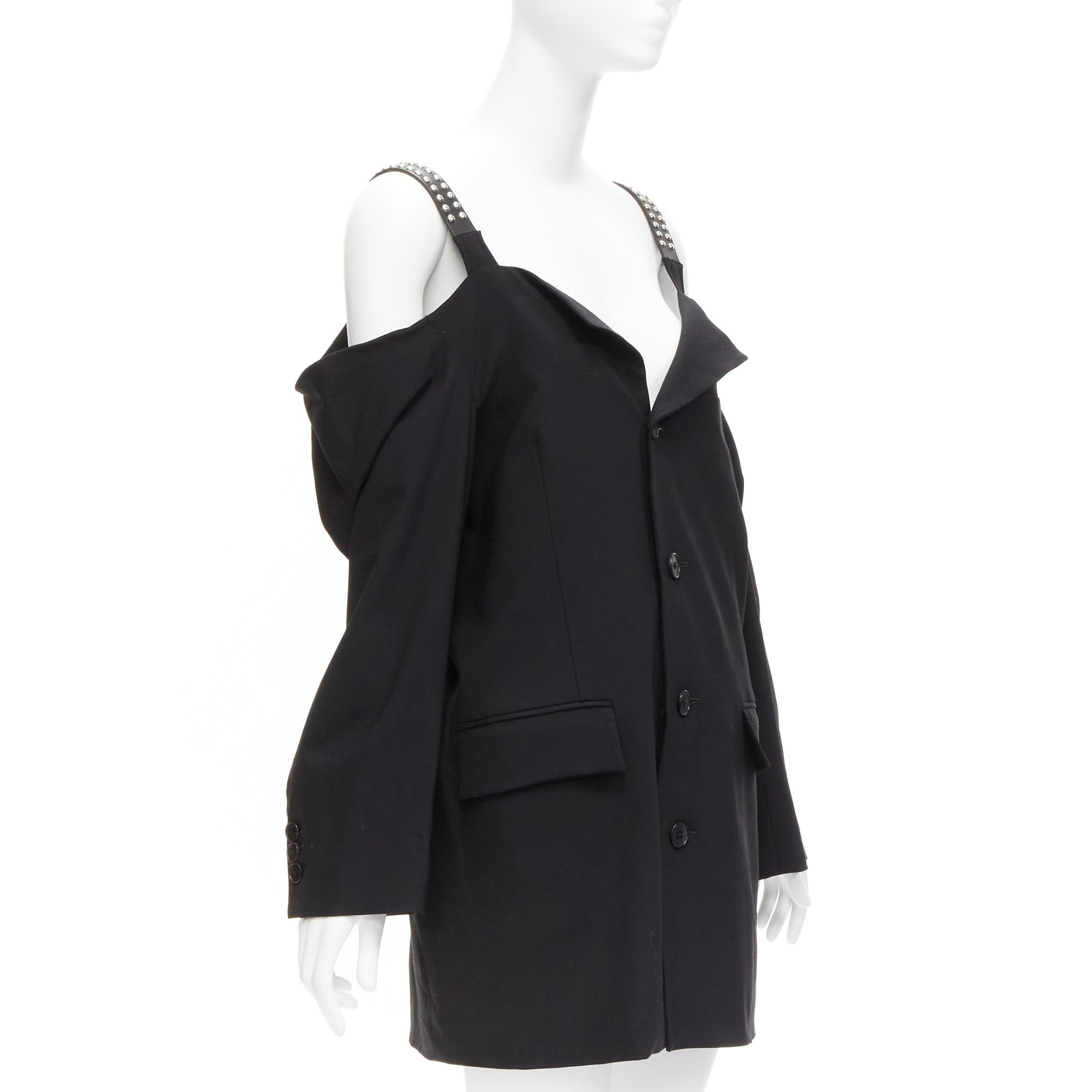 Black AMBUSH wool studded leather straps cold shoulder deconstructed blazer dress JP1 For Sale