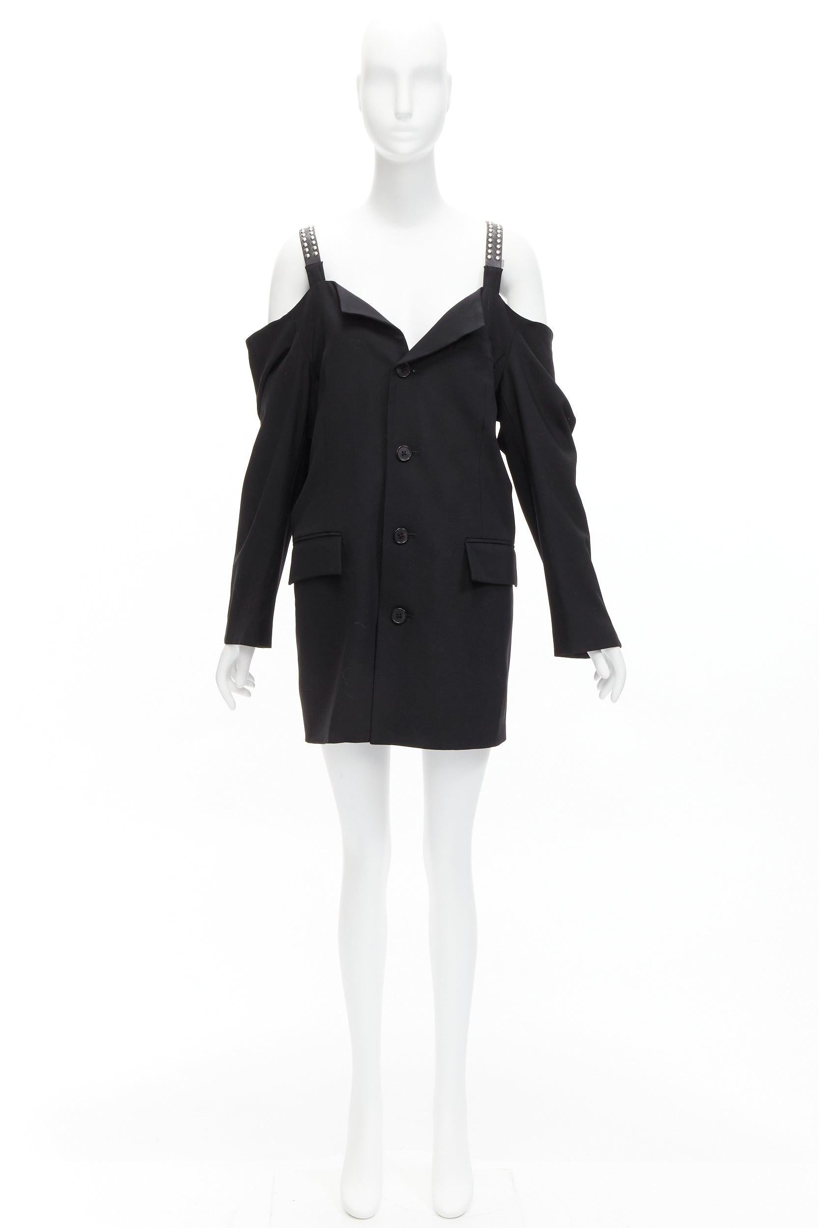 AMBUSH wool studded leather straps cold shoulder deconstructed blazer dress JP1 For Sale 4
