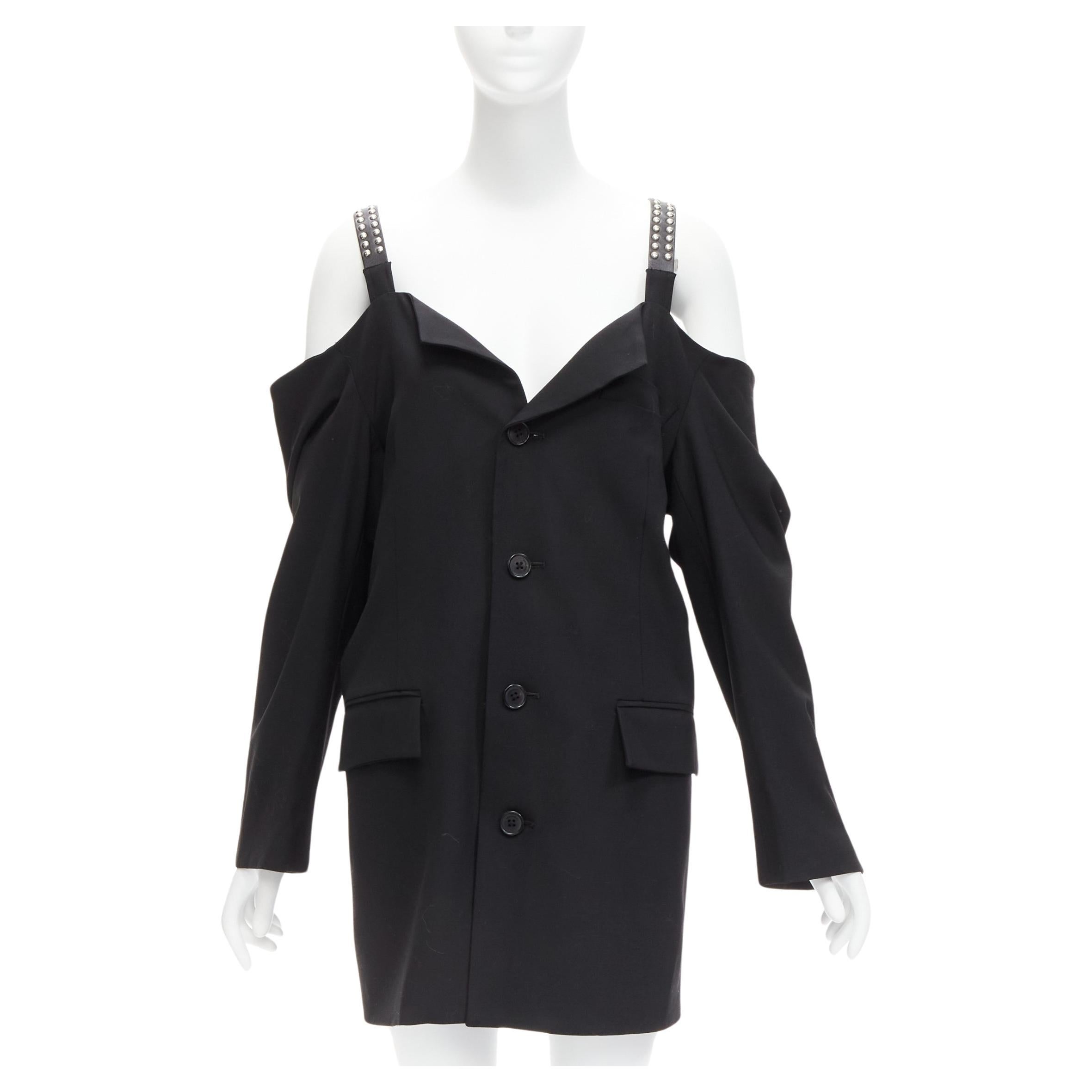 AMBUSH wool studded leather straps cold shoulder deconstructed blazer dress JP1 For Sale