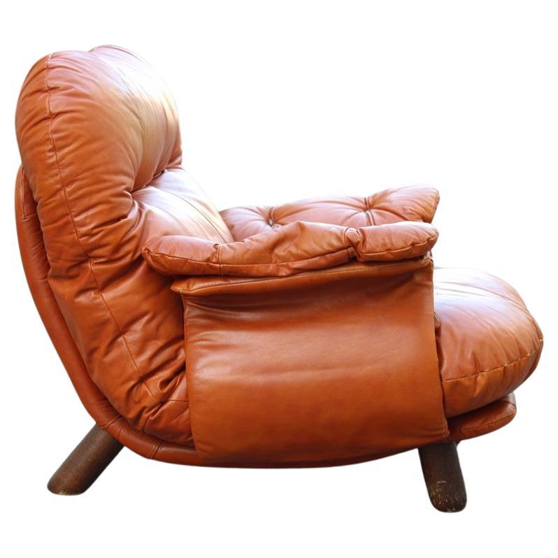 Amchair Cobianchi Insa 1970s Cognac Leather Italian armchair very comfortable For Sale