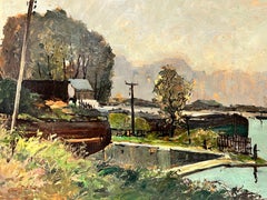 1950's French Atmospheric Moody River Estuary Dockyard Scene with Boats