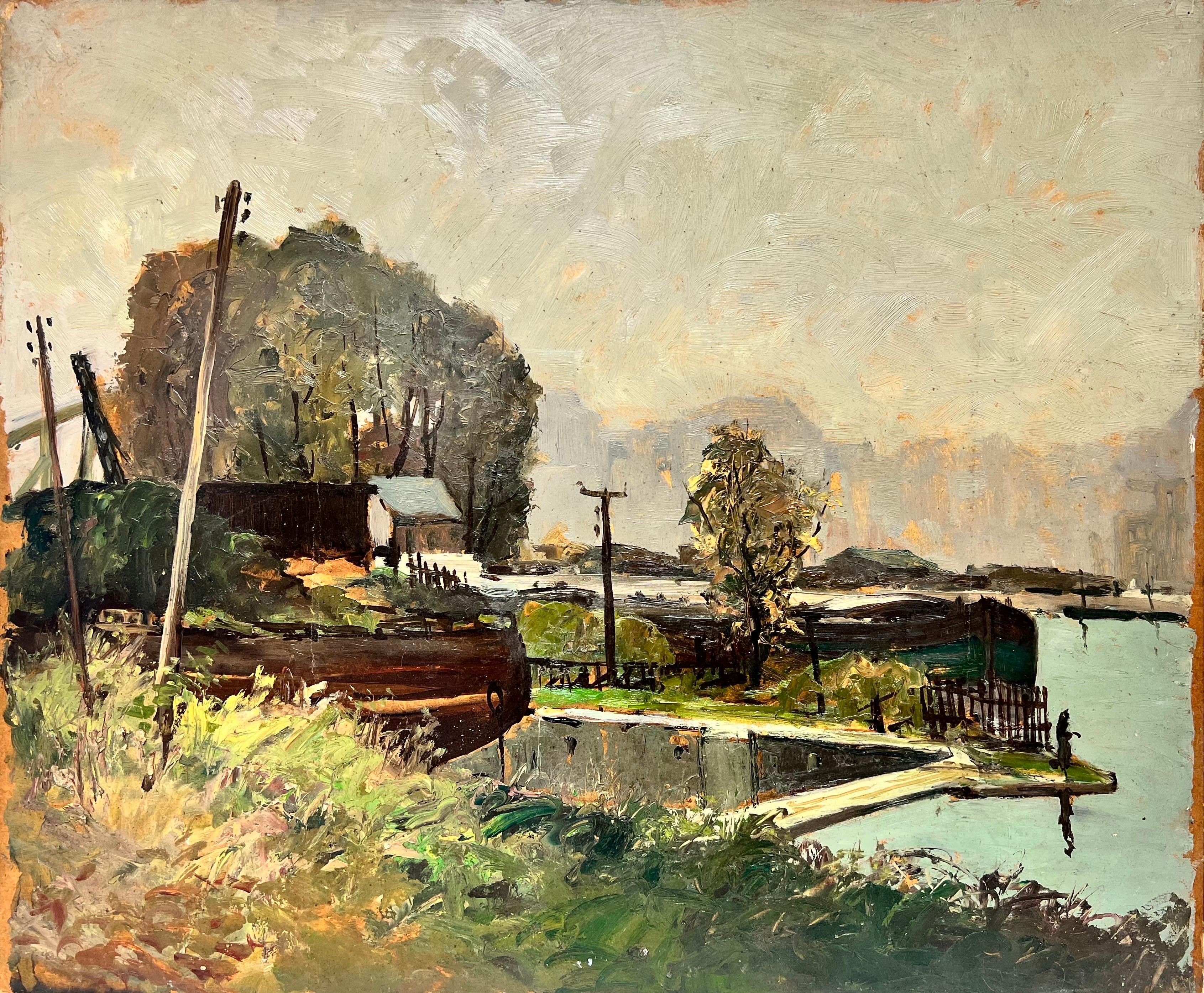 Amédée Boucher  Landscape Painting - 1950's French Atmospheric Moody River Estuary Dockyard Scene with Boats