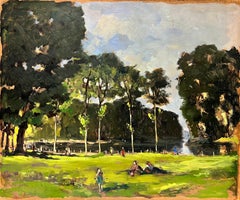 Huile impressionniste française des années 50 - Figures profitant d'un pique-nique au bord d'un lac, prairies vertes